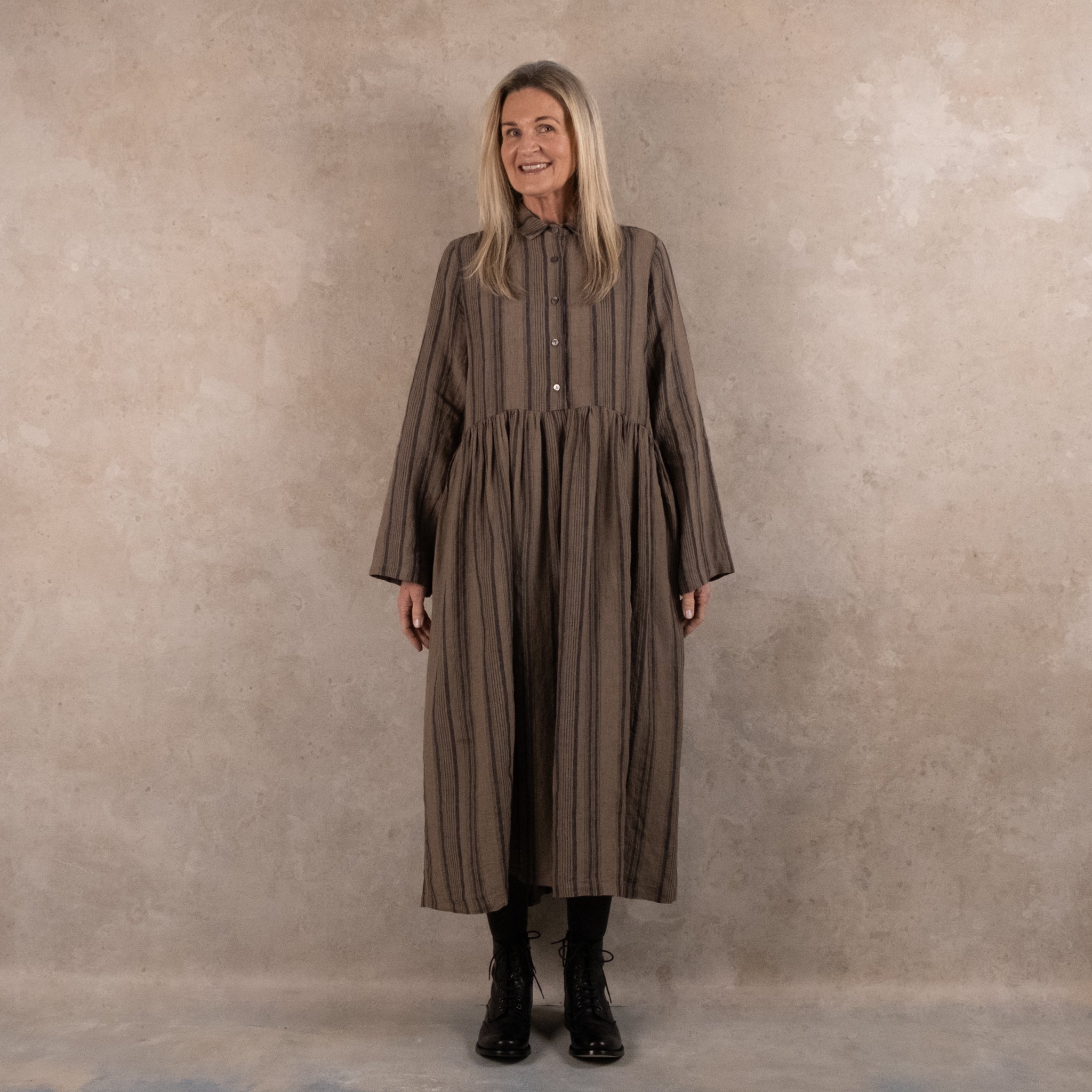 Manteau Noir Aella Olive & Black Stripe Linen Dress