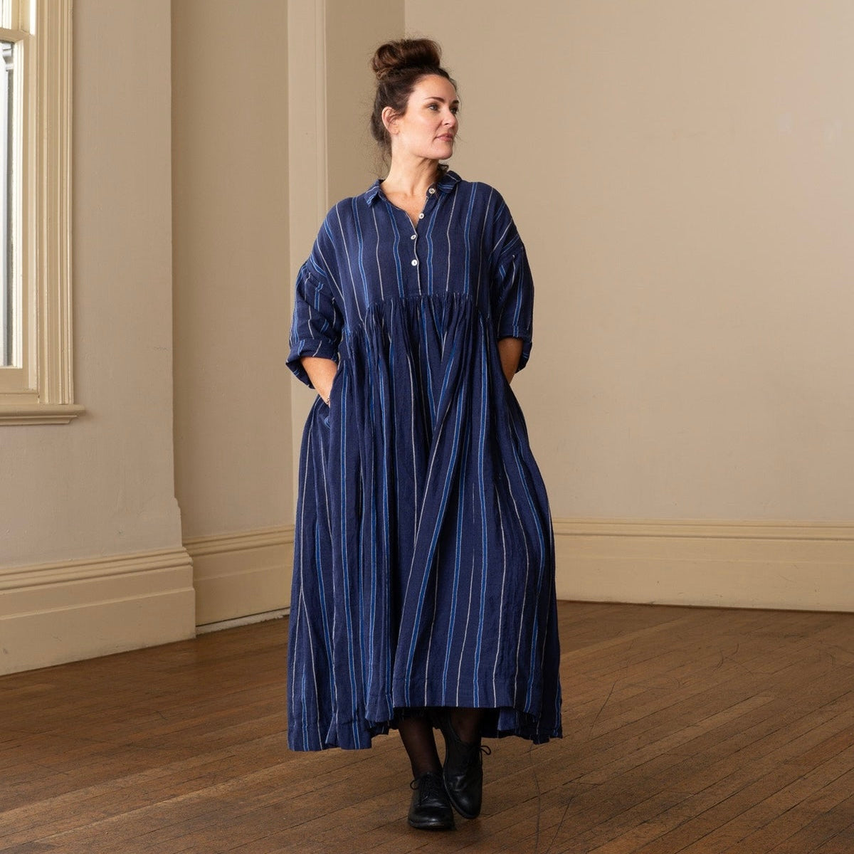 Meg By Design Edith Navy Pinstripe Linen Dress