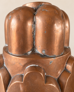 French Antique Large Copper Jelly Mould with a tiered silhouette, rounded upper lobes and an architectural scalloped base.