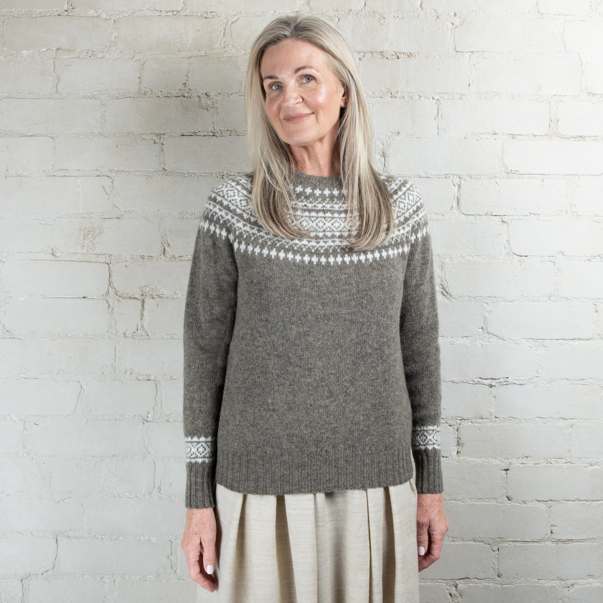 Harley of Scotland Two Tone Fossil/White Fairisle Yoke Crew Wool Sweater (Copy)