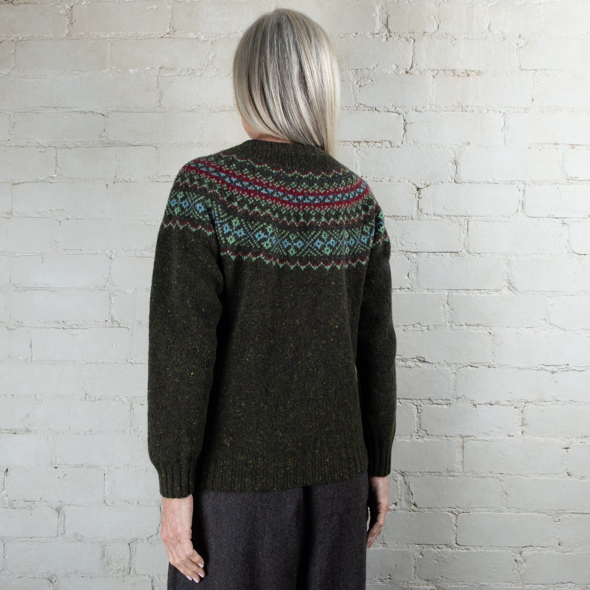 Harley of Scotland Fairisle Harris Green Yoke Crew Wool Sweater