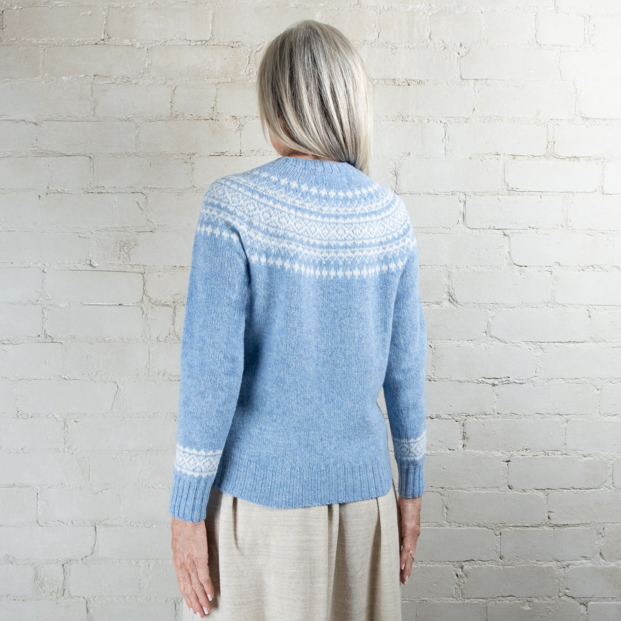 Harley of Scotland Two Tone Glacier/White Fairisle Yoke Crew Wool Sweater