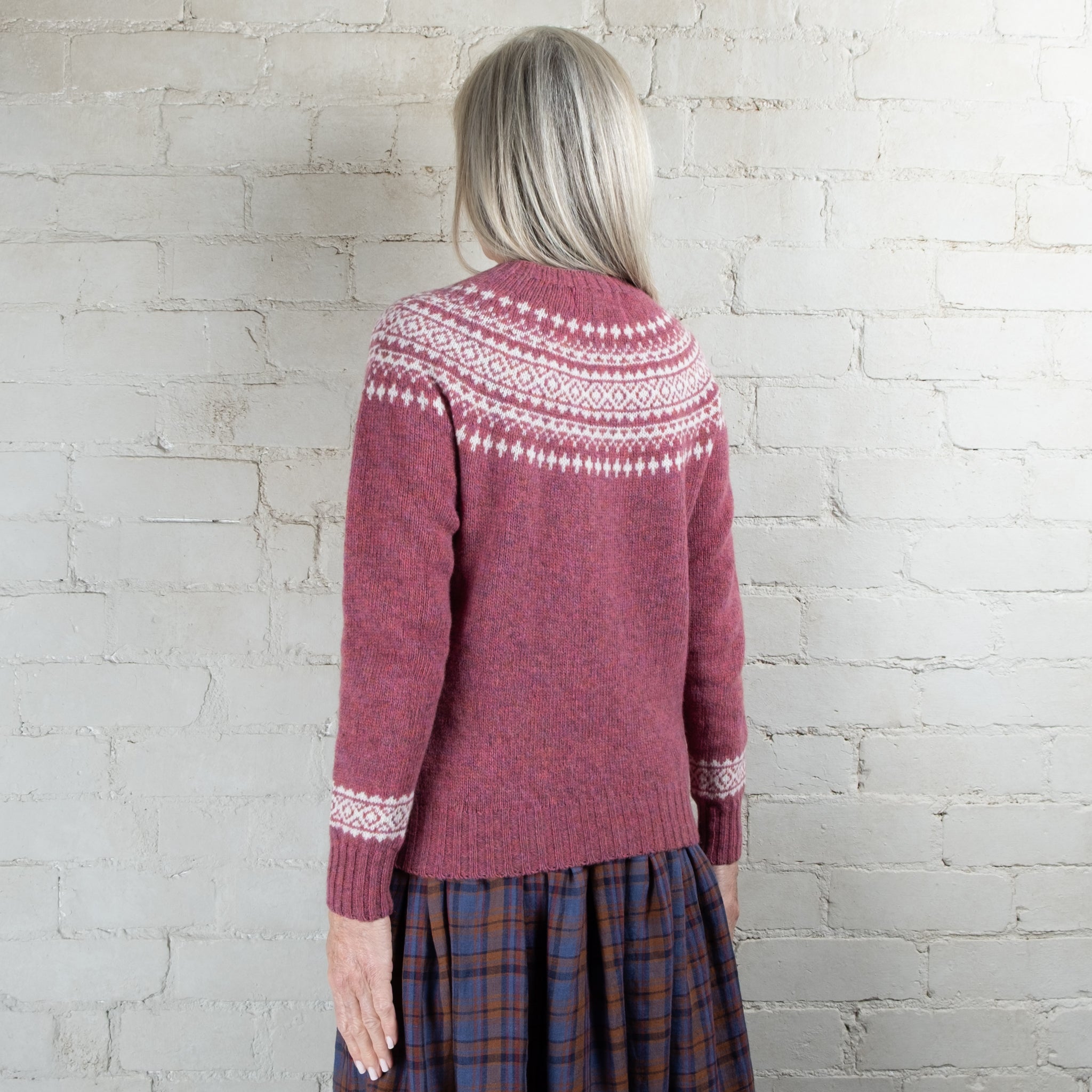 Harley of Scotland Two Tone Zinnia/White Fairisle Yoke Crew Wool Sweater