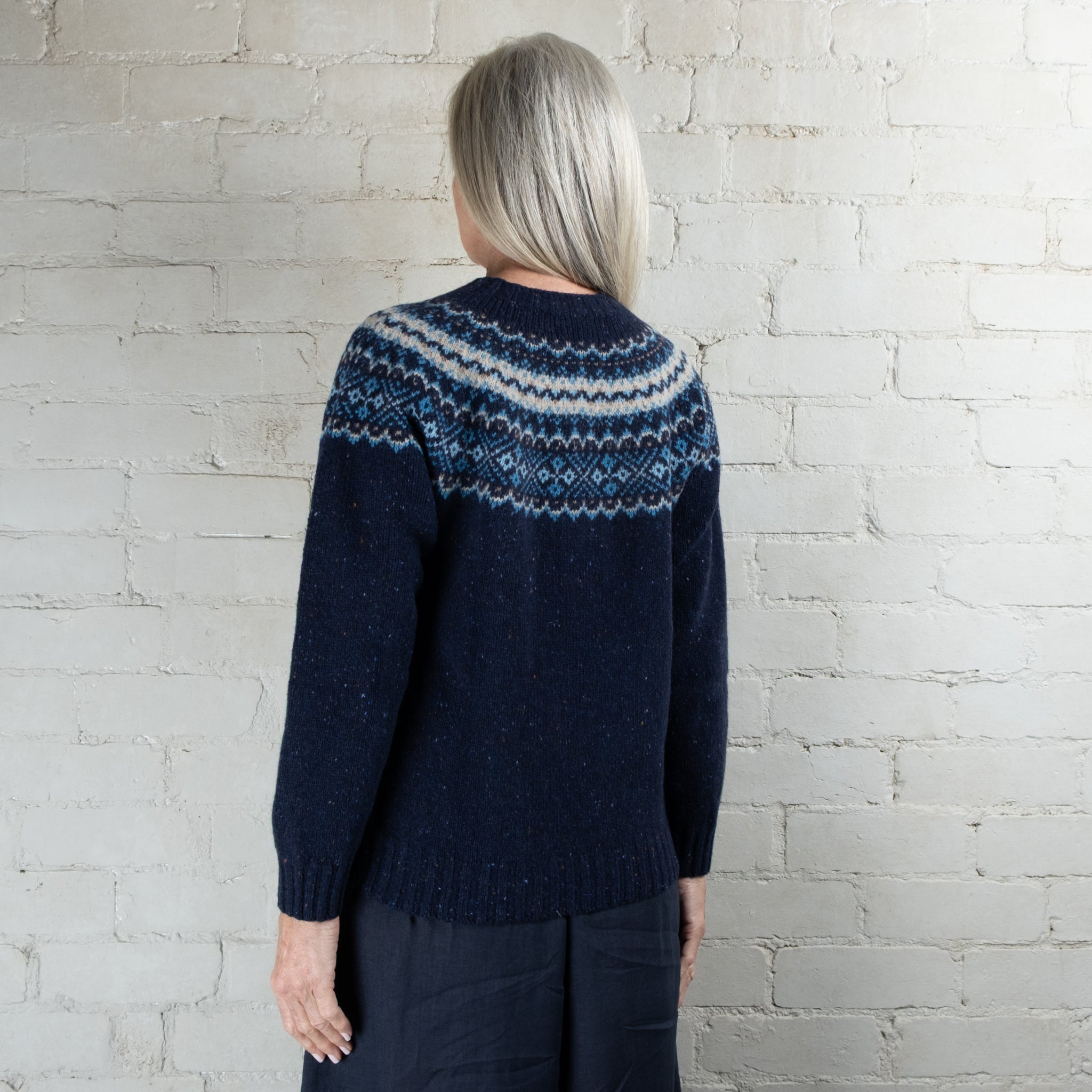 Harley of Scotland Fairisle Jura Blue Yoke Crew Wool Sweater