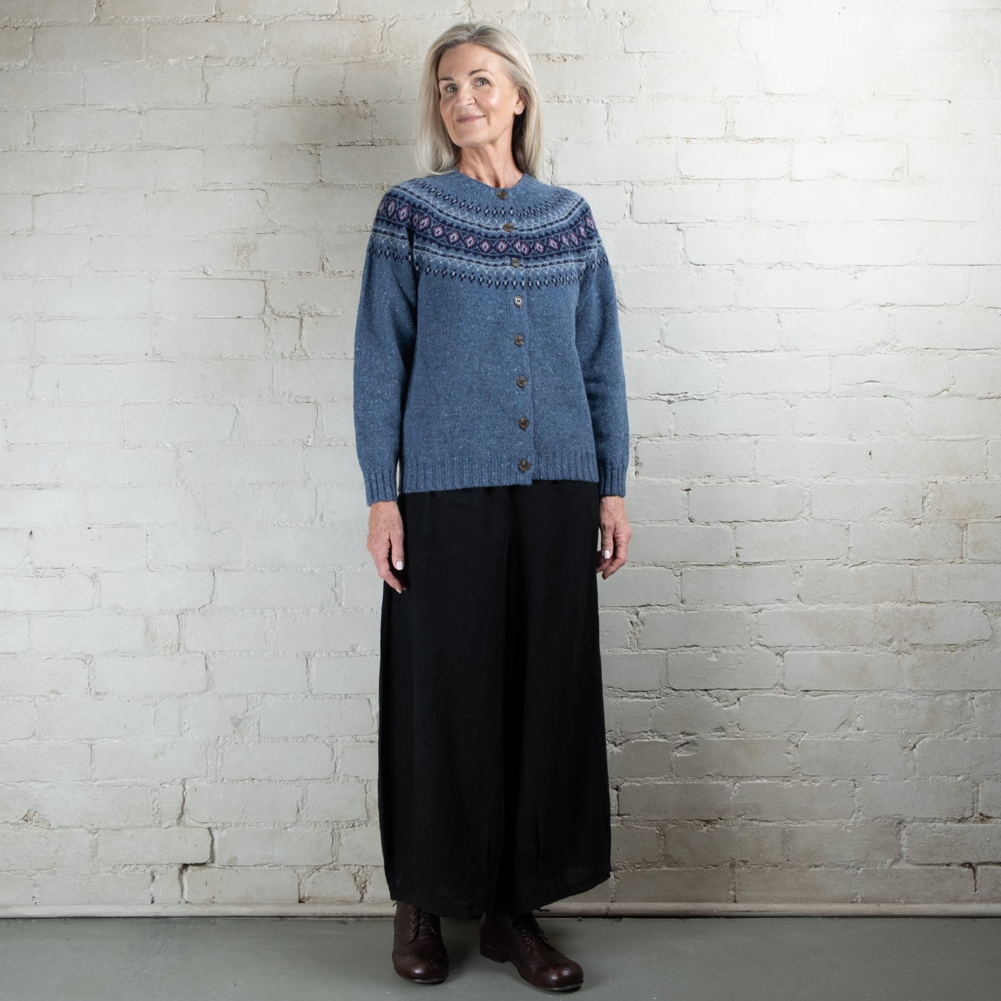 Harley of Scotland Ossian Blue Fairisle Yoke HB Wool Cardigan