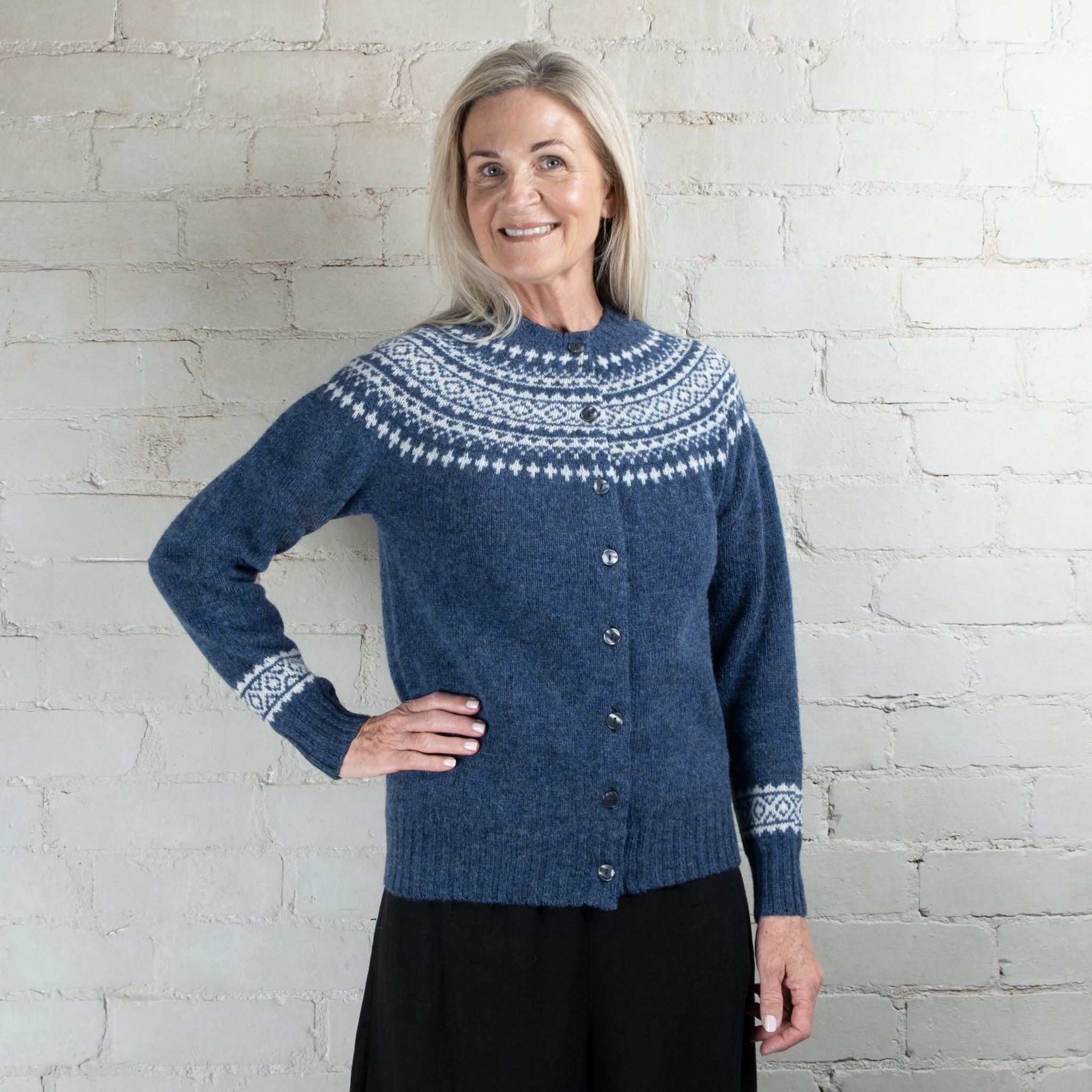 Harley of Scotland Two Colour Fairisle Yoke HB Wool Cardigan