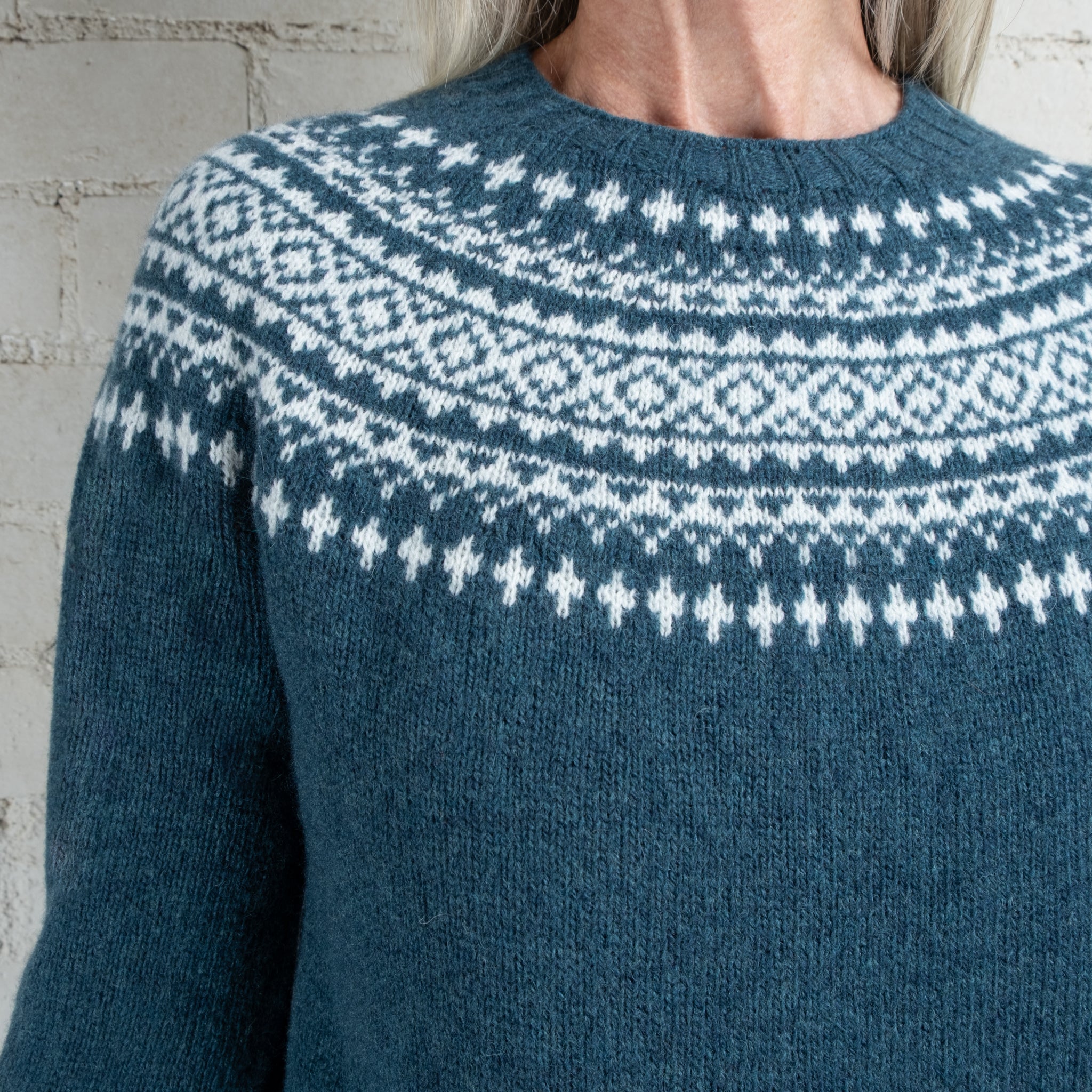 Harley of Scotland Two Tone Tempest/White Fairisle Yoke Crew Wool Sweater