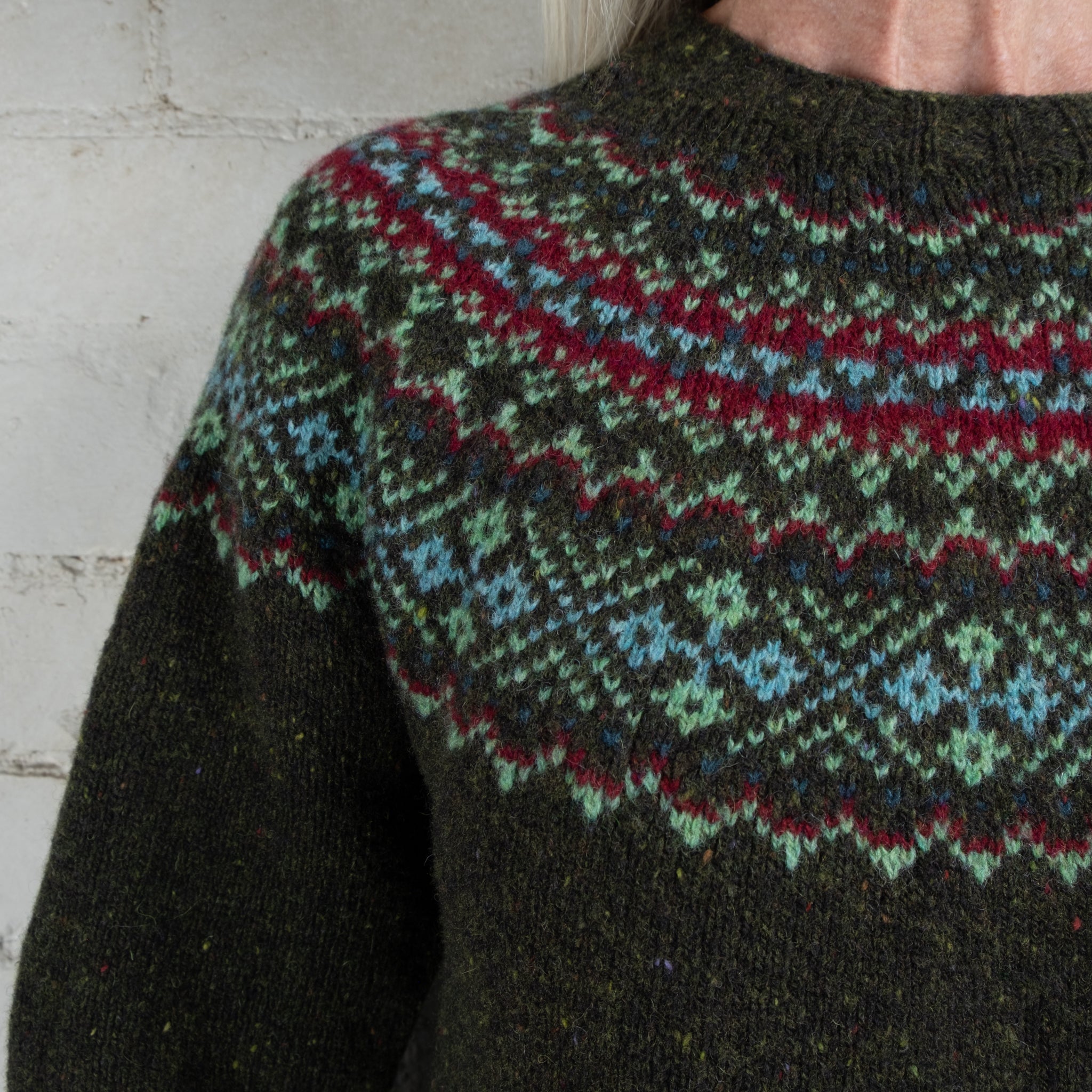 Harley of Scotland Fairisle Harris Green Yoke Crew Wool Sweater