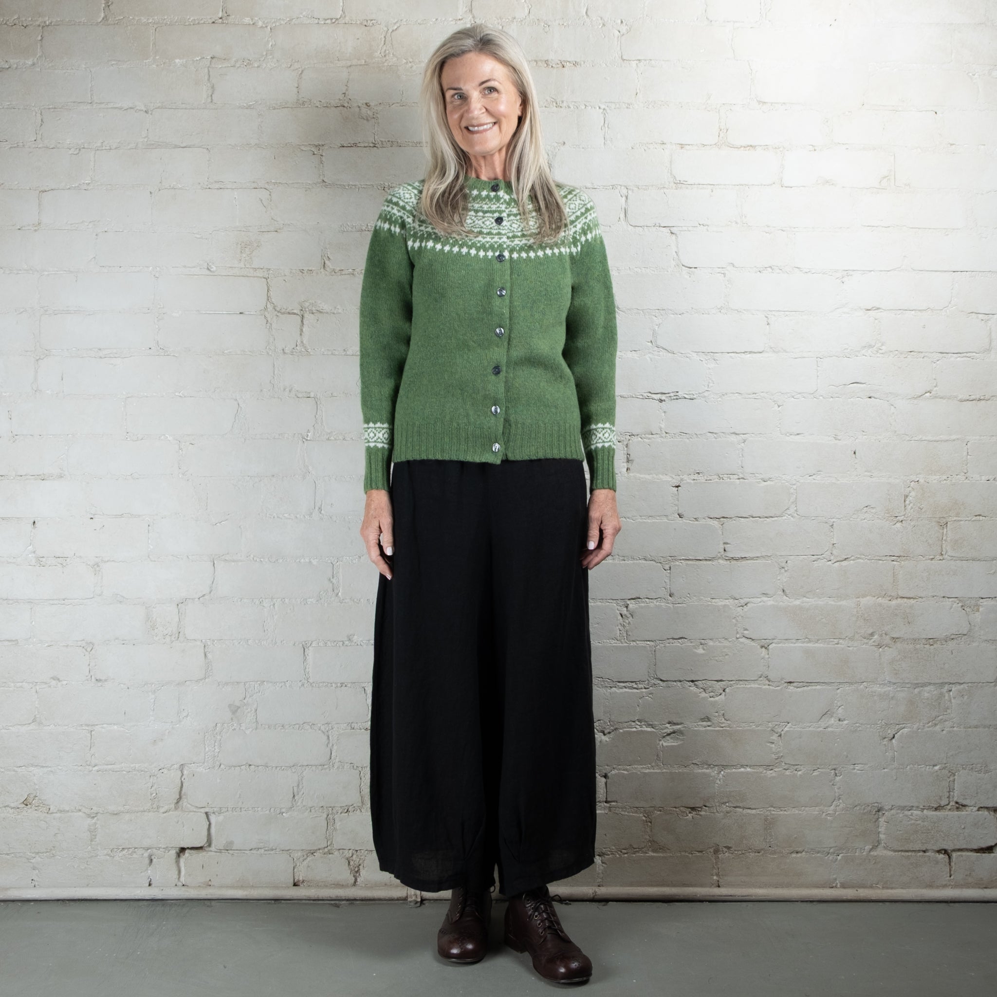 Harley of Scotland Two Tone Baize/Snow Fairisle Wool Cardigan