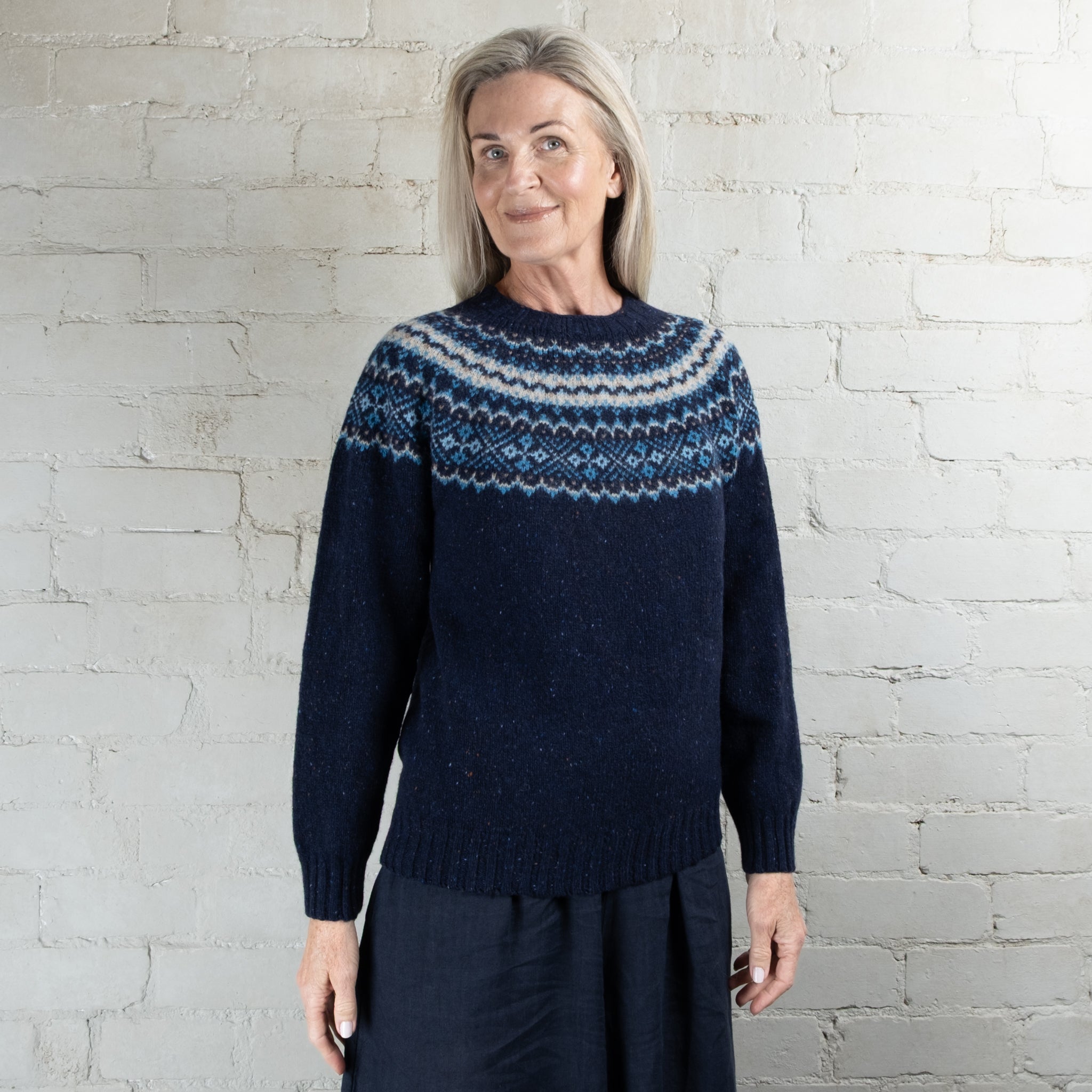 Harley of Scotland Fairisle Jura Blue Yoke Crew Wool Sweater