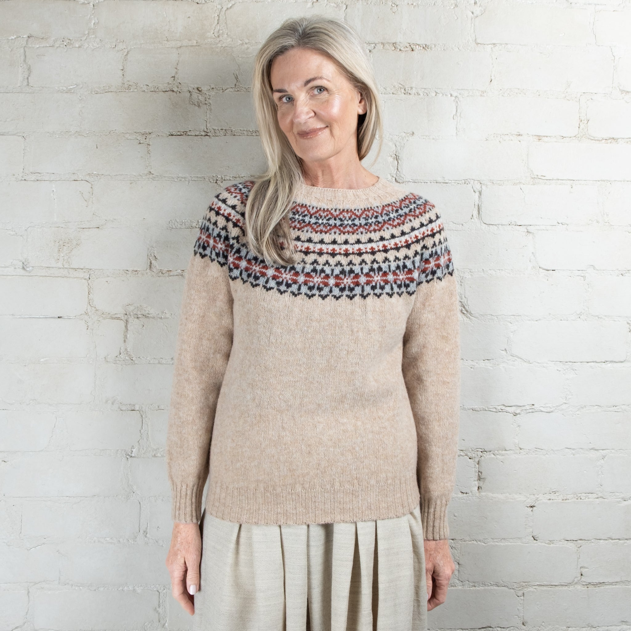 Harley of Scotland Calico Fairisle Yoke Crew Wool Sweater