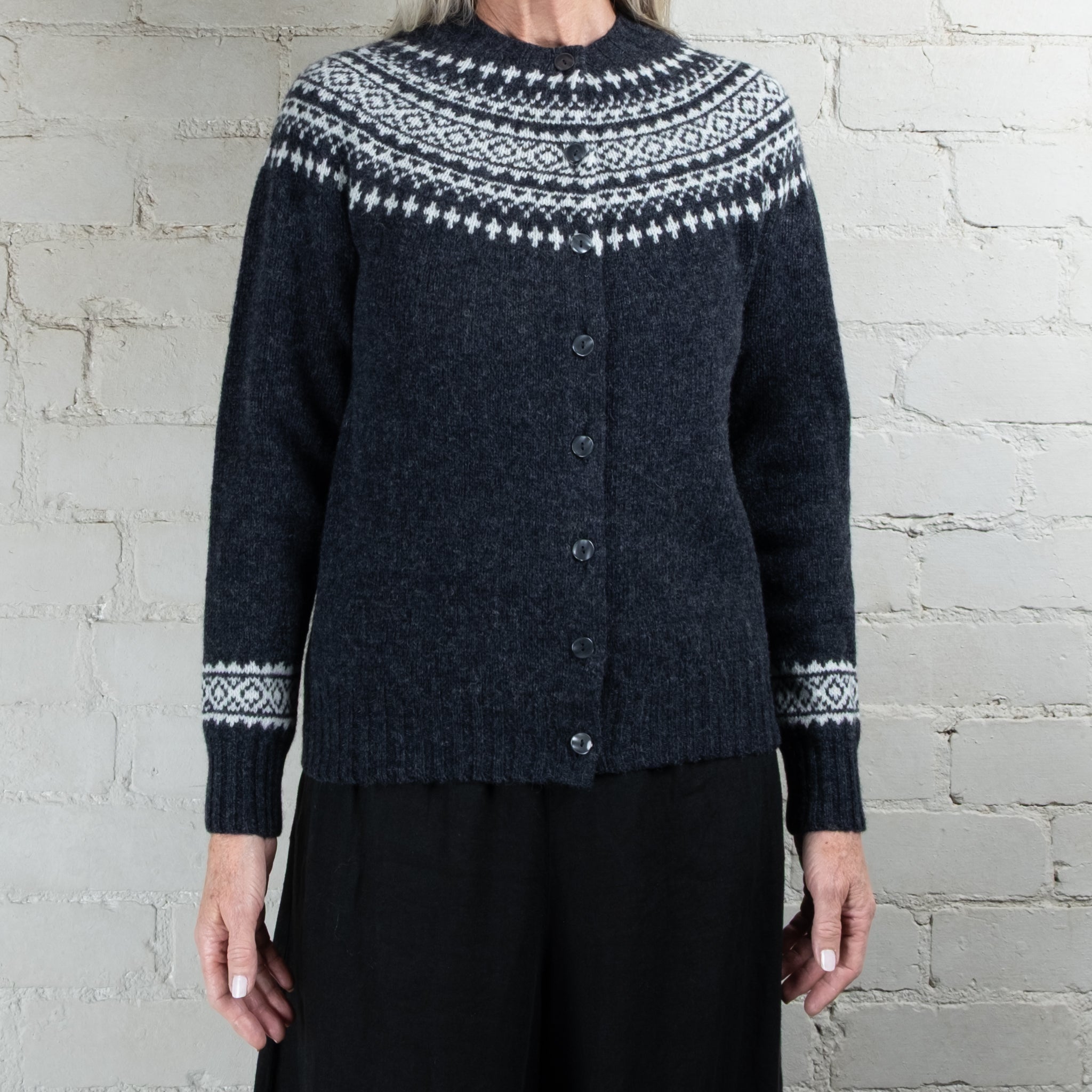 Harley of Scotland Two Colour Fairisle Yoke HB Wool Cardigan