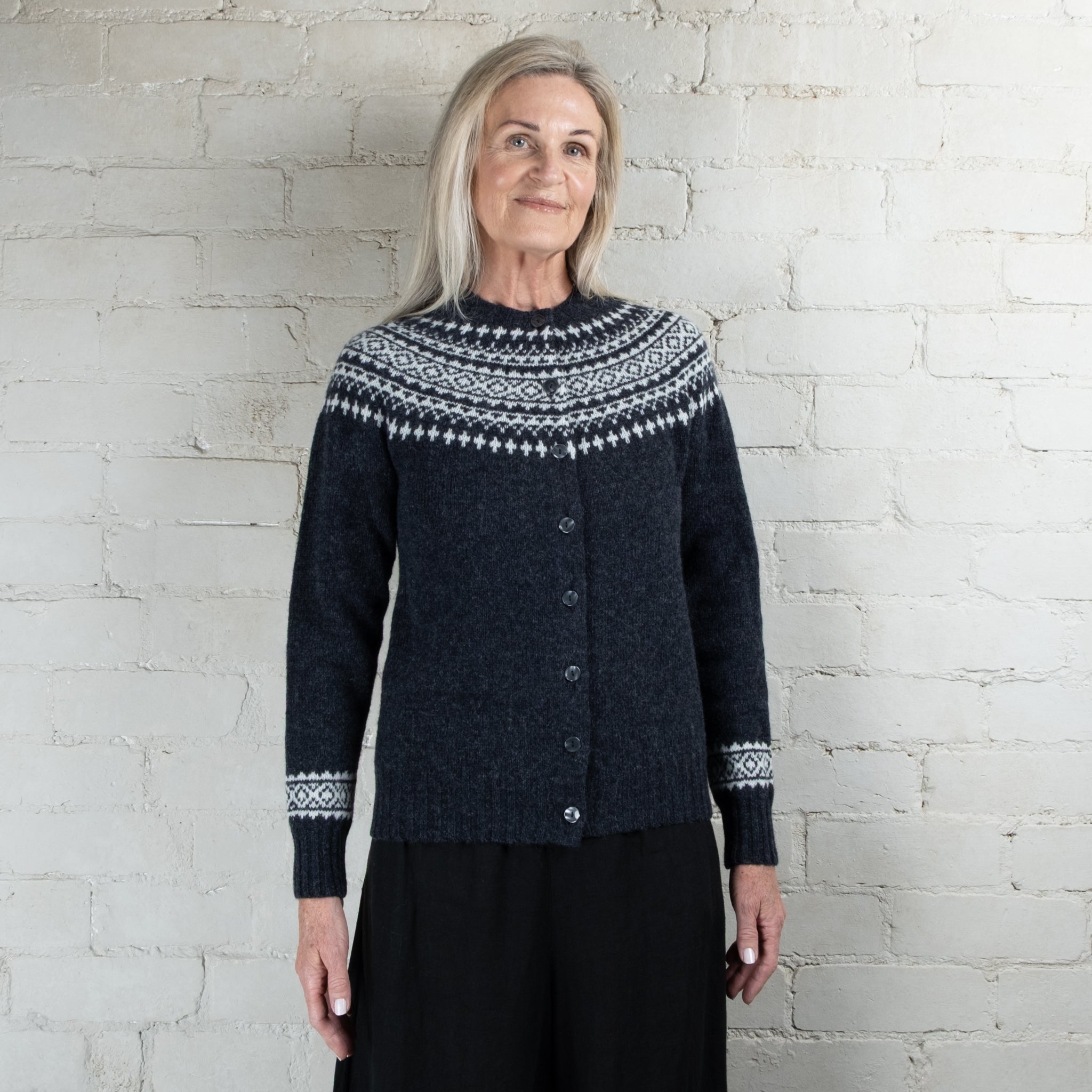 Harley of Scotland Two Colour Fairisle Yoke HB Wool Cardigan