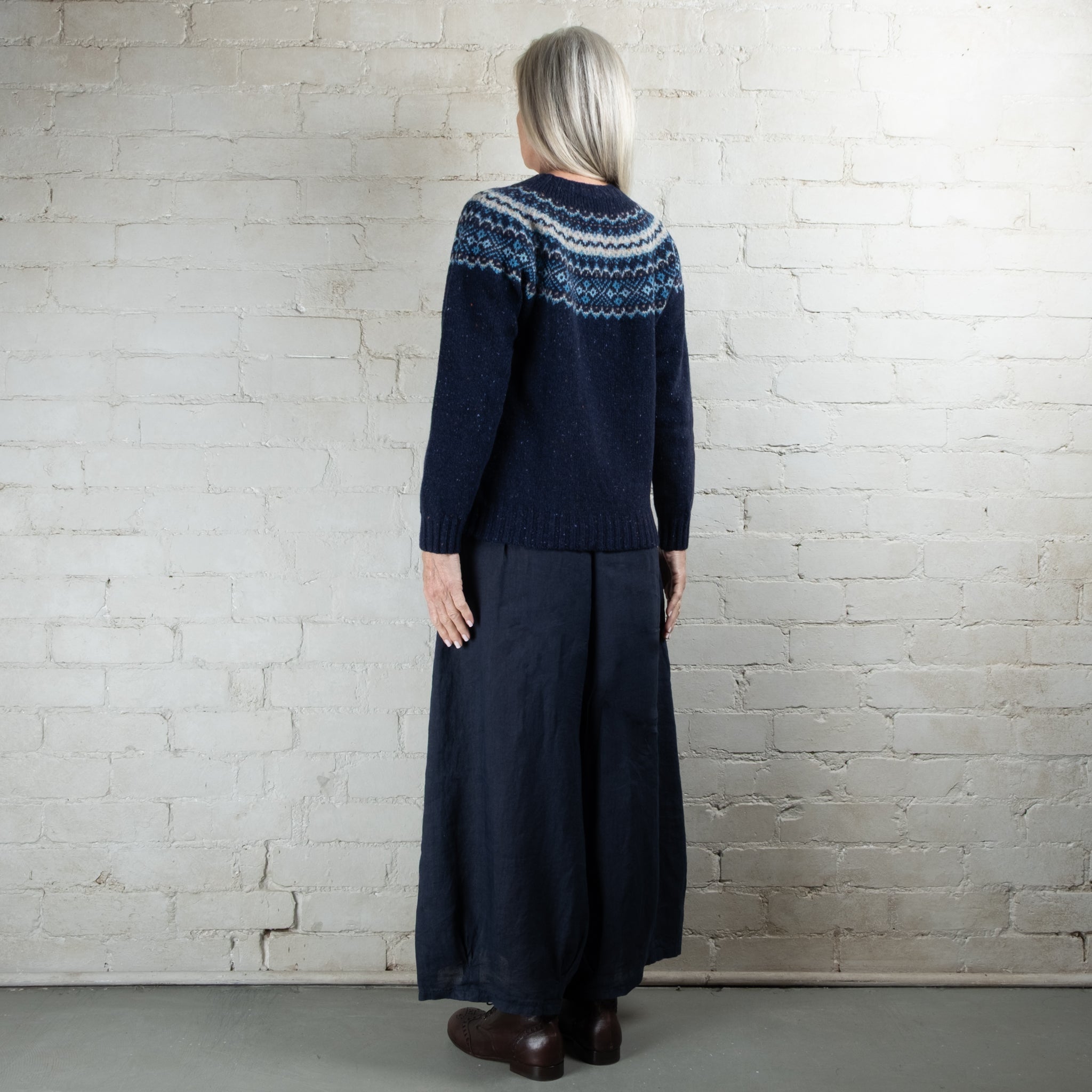 Harley of Scotland Fairisle Jura Blue Yoke Crew Wool Sweater