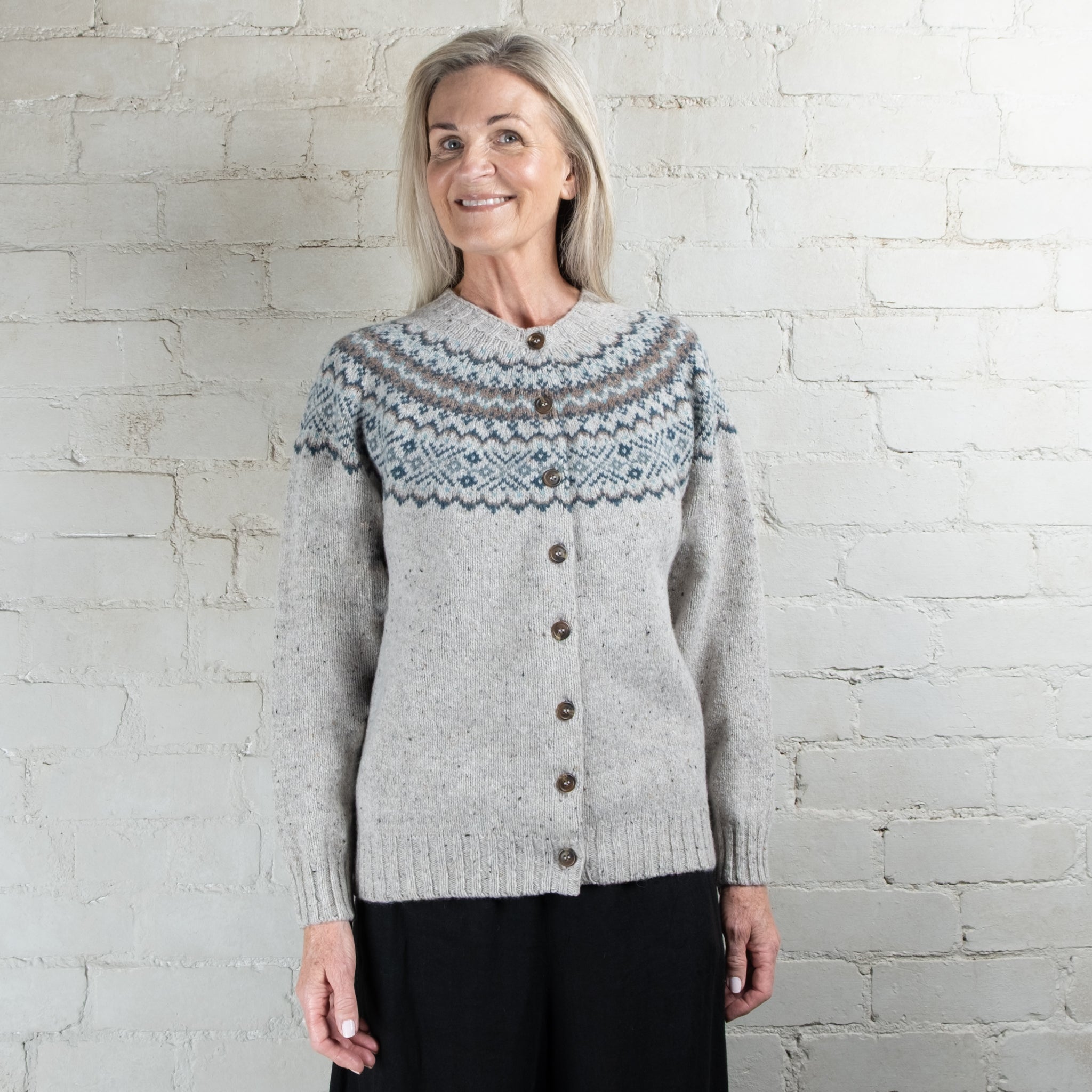 Harley of Scotland Fairisle Mull Grey Yoke HB Wool Cardigan