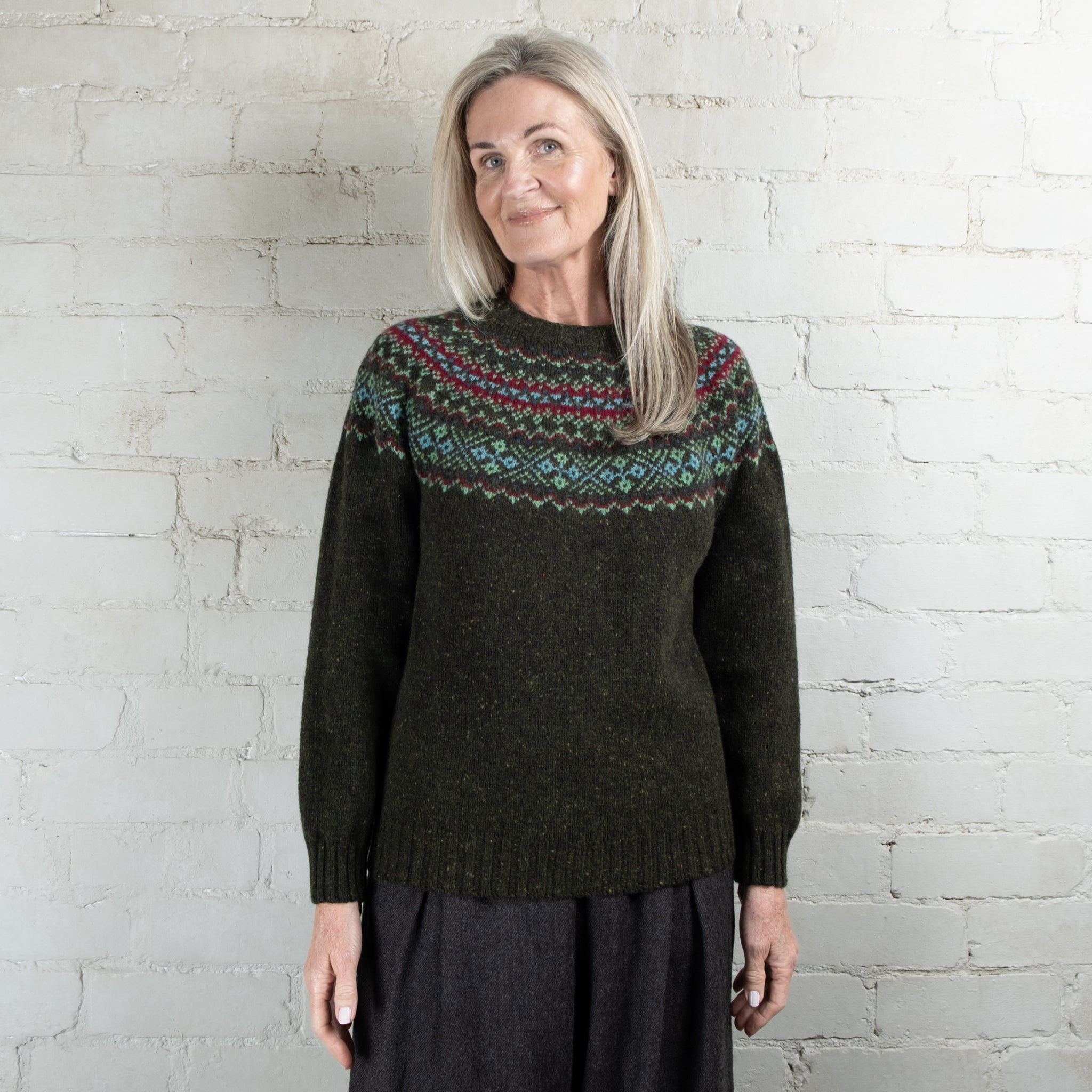 Harley of Scotland Fairisle Harris Green Yoke Crew Wool Sweater