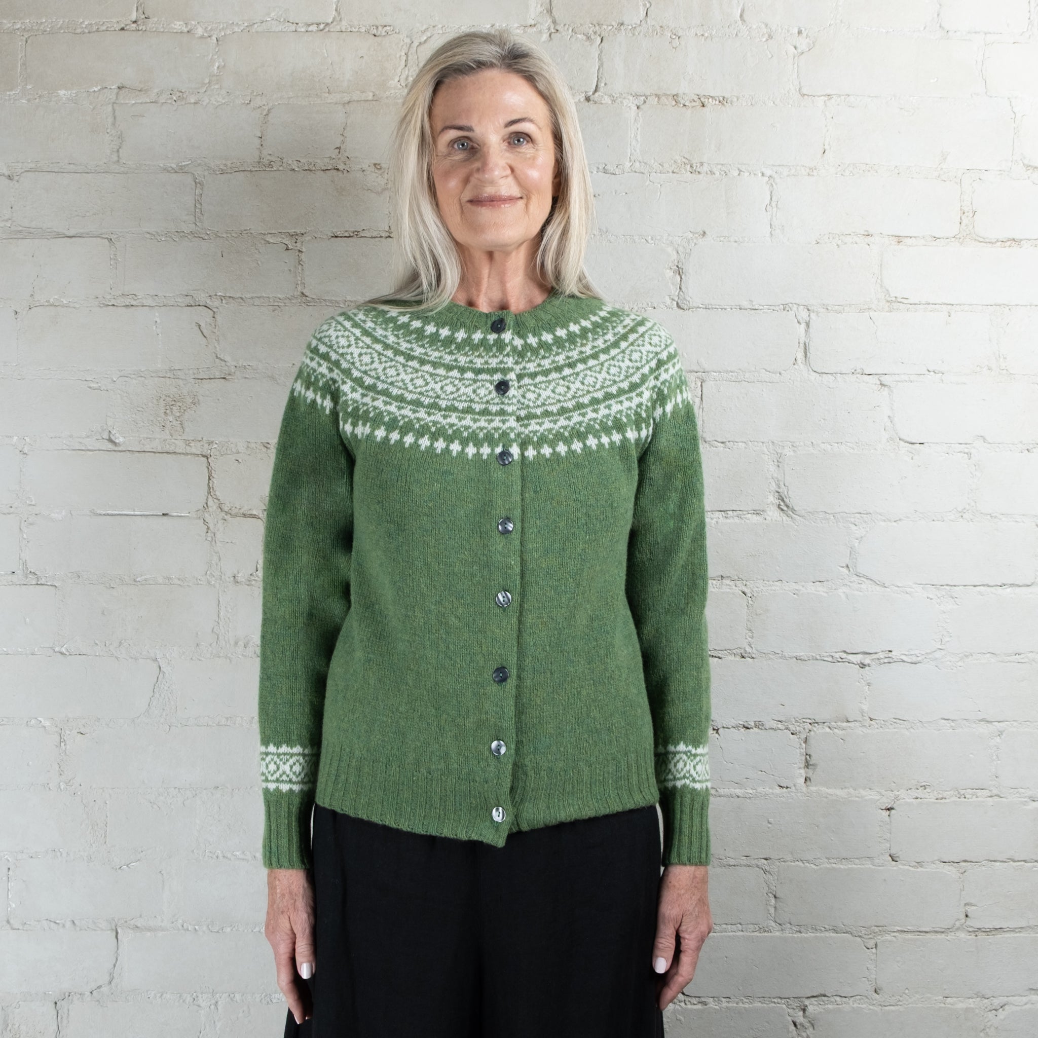 Harley of Scotland Two Tone Baize/Snow Fairisle Wool Cardigan