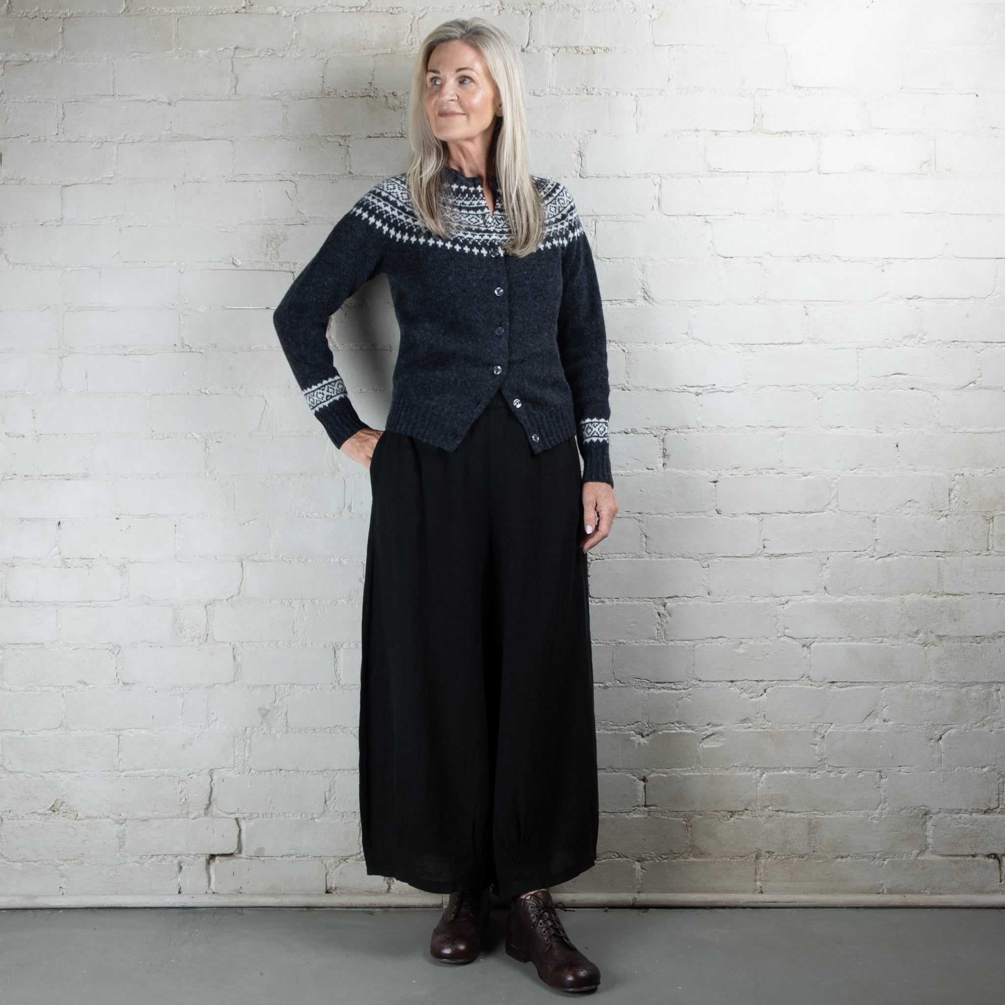 Harley of Scotland Two Colour Fairisle Yoke HB Wool Cardigan