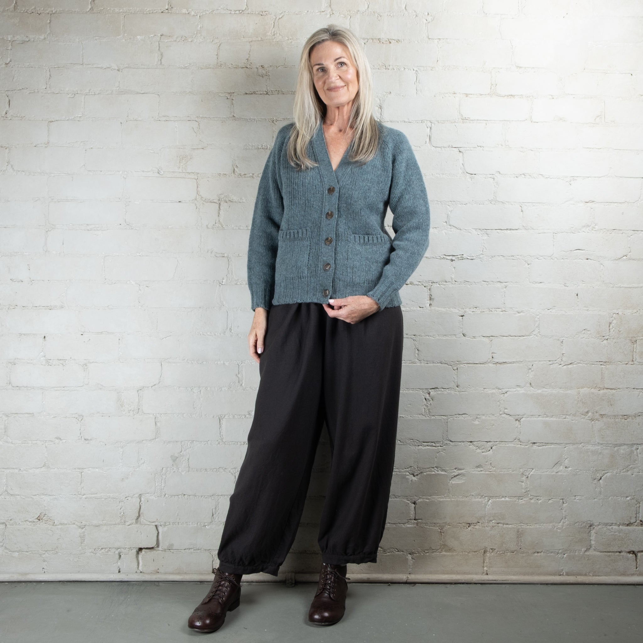 Harley of Scotland Verdigris Chunky Knit Wool Cardigan With Pockets