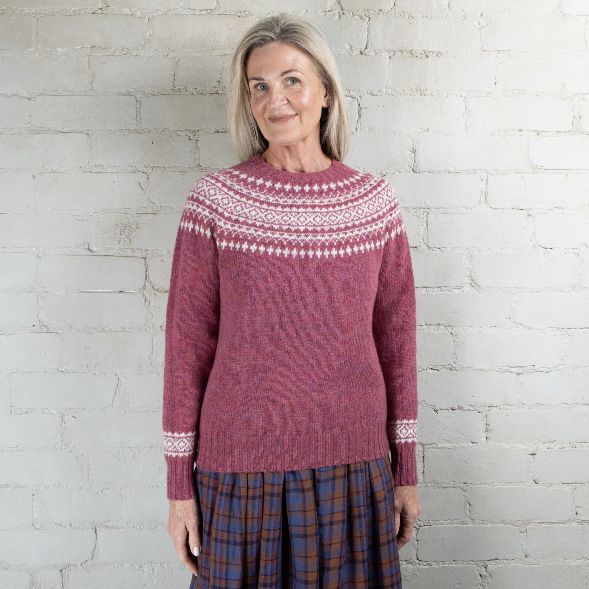 Harley of Scotland Two Tone Zinnia/White Fairisle Yoke Crew Wool Sweater