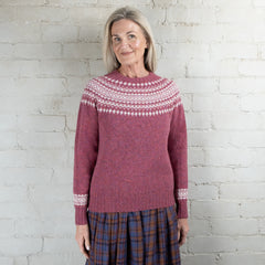 Harley of Scotland Two Tone Zinnia/White Fairisle Yoke Crew Wool Sweater