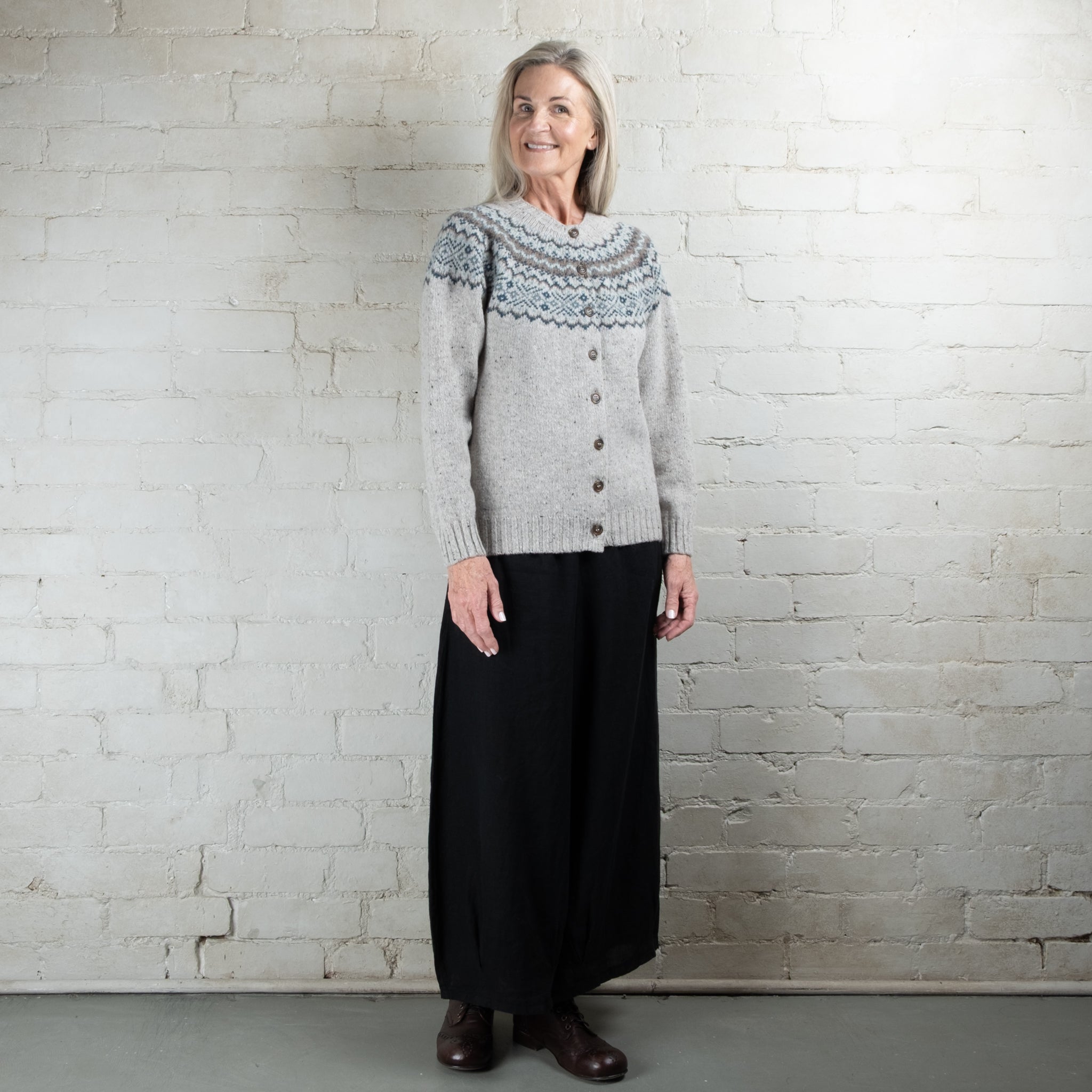 Harley of Scotland Fairisle Mull Grey Yoke HB Wool Cardigan