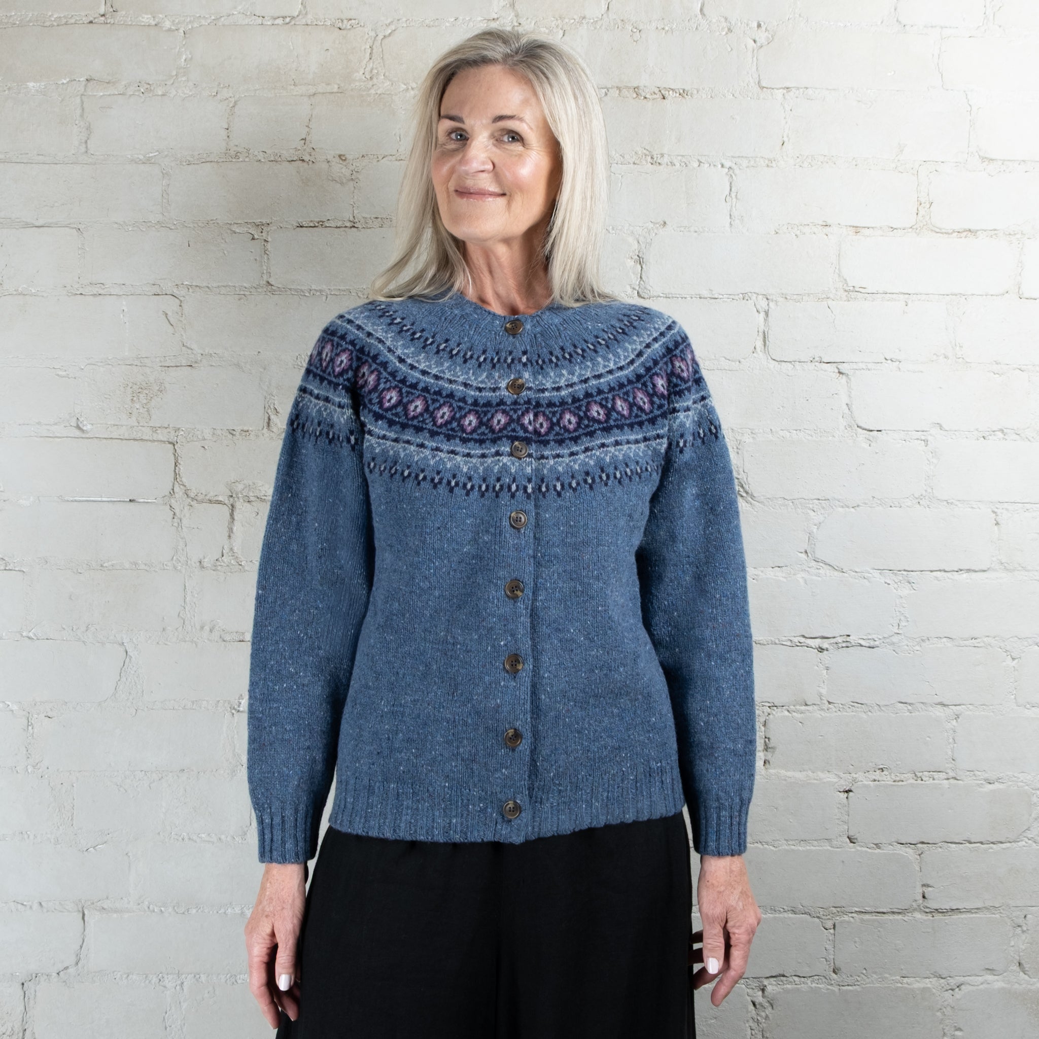 Harley of Scotland Ossian Blue Fairisle Yoke HB Wool Cardigan