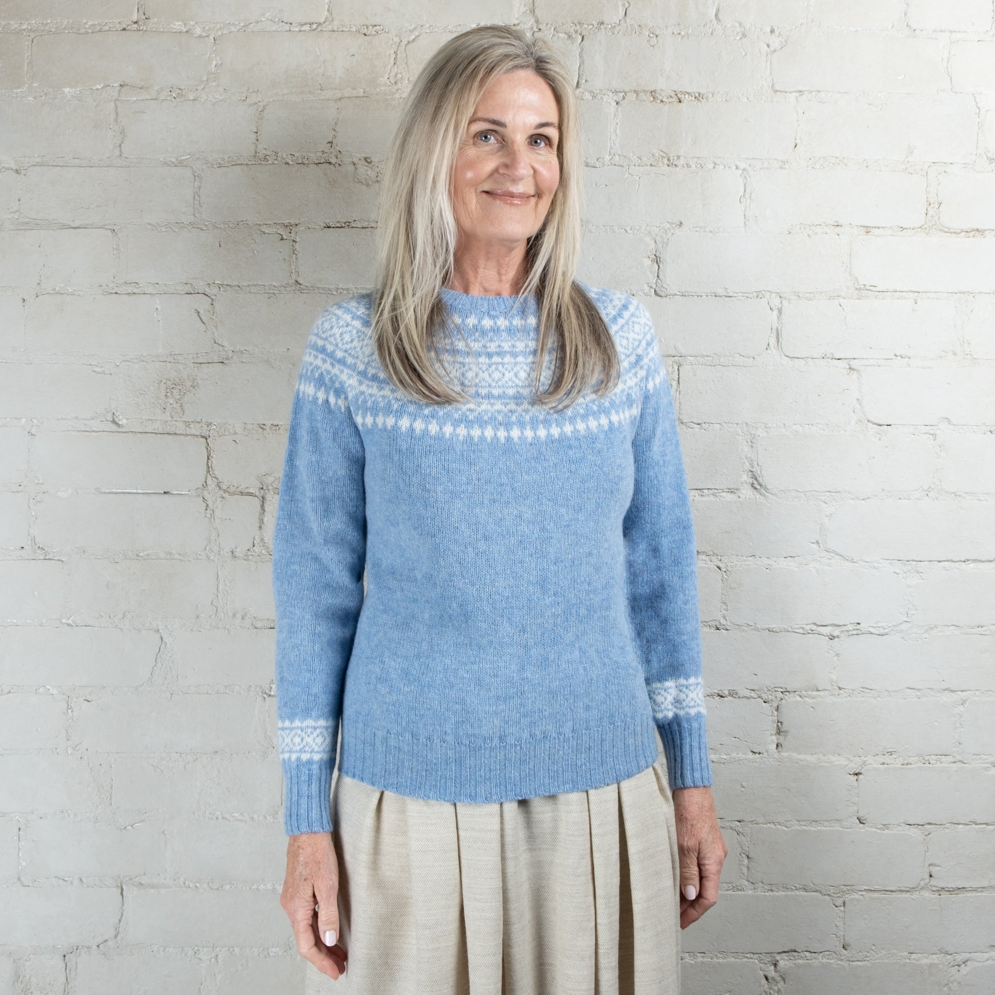 Harley of Scotland Two Tone Glacier/White Fairisle Yoke Crew Wool Sweater