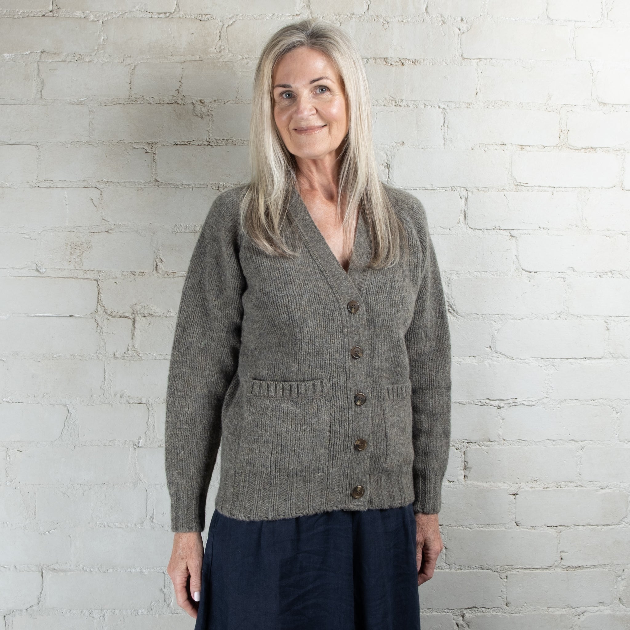 Harley of Scotland Fossil Chunky Knit Wool Cardigan With Pockets