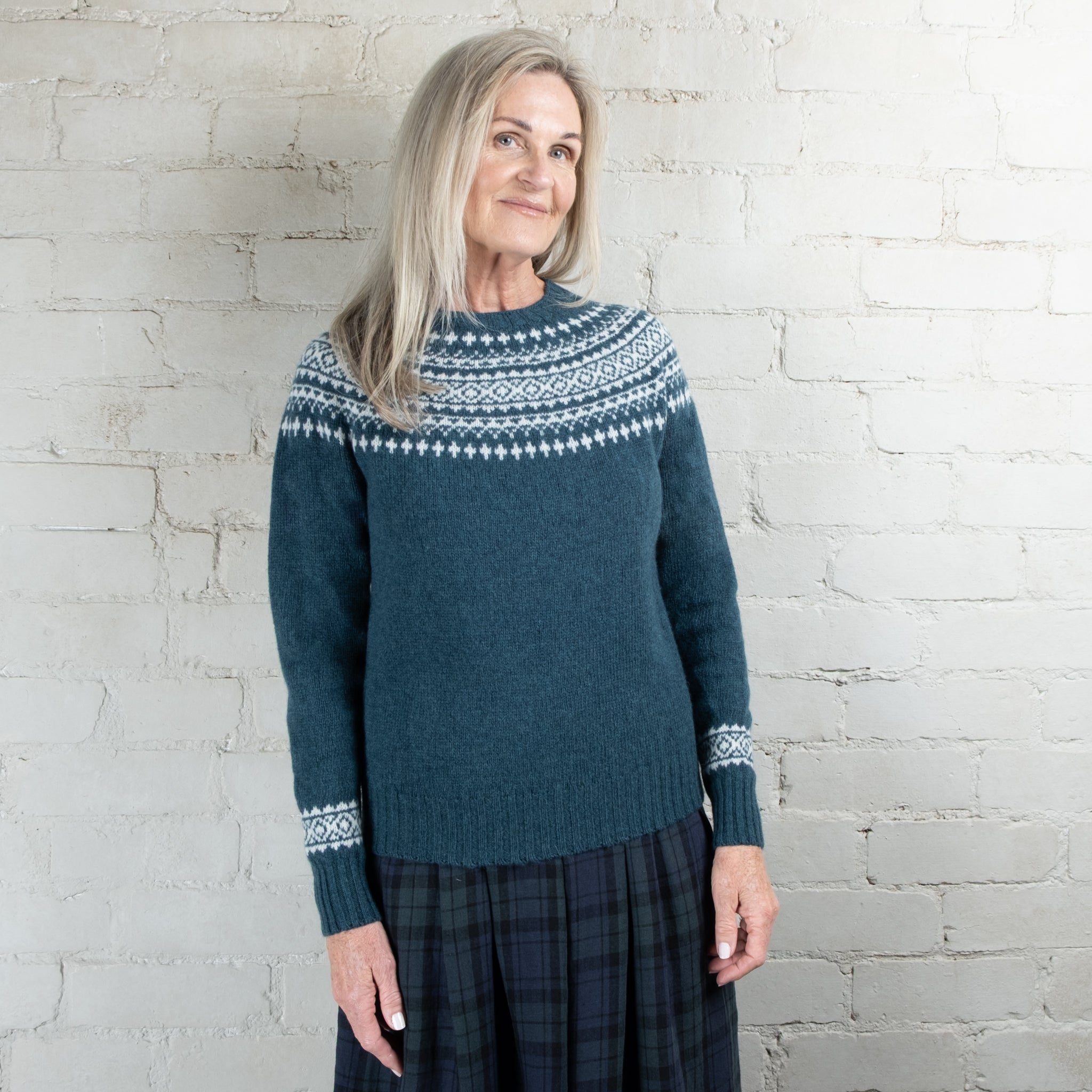 Harley of Scotland Two Tone Tempest/White Fairisle Yoke Crew Wool Sweater