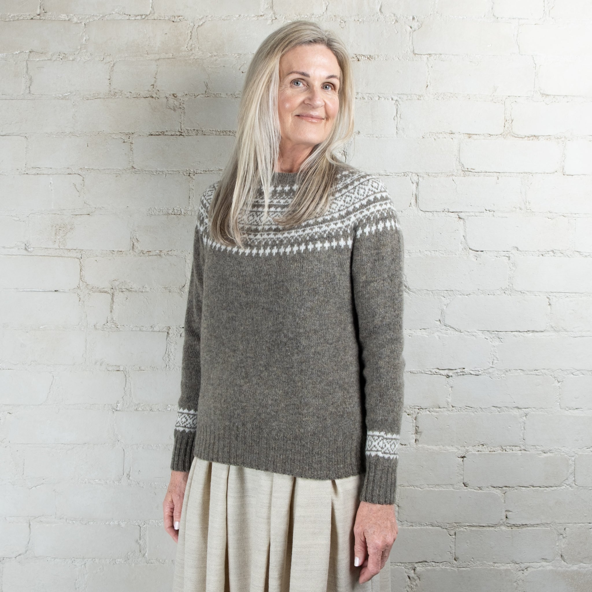 Harley of Scotland Two Tone Fossil/White Fairisle Yoke Crew Wool Sweater (Copy)