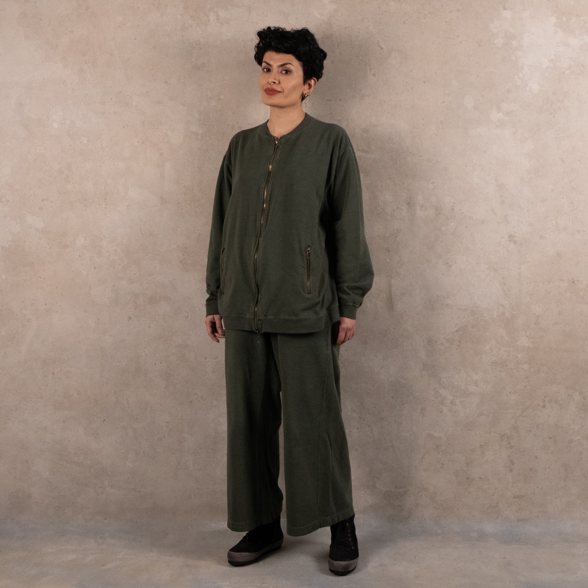 Ichi Antiquités Khaki French Terry Zip Cotton Pants