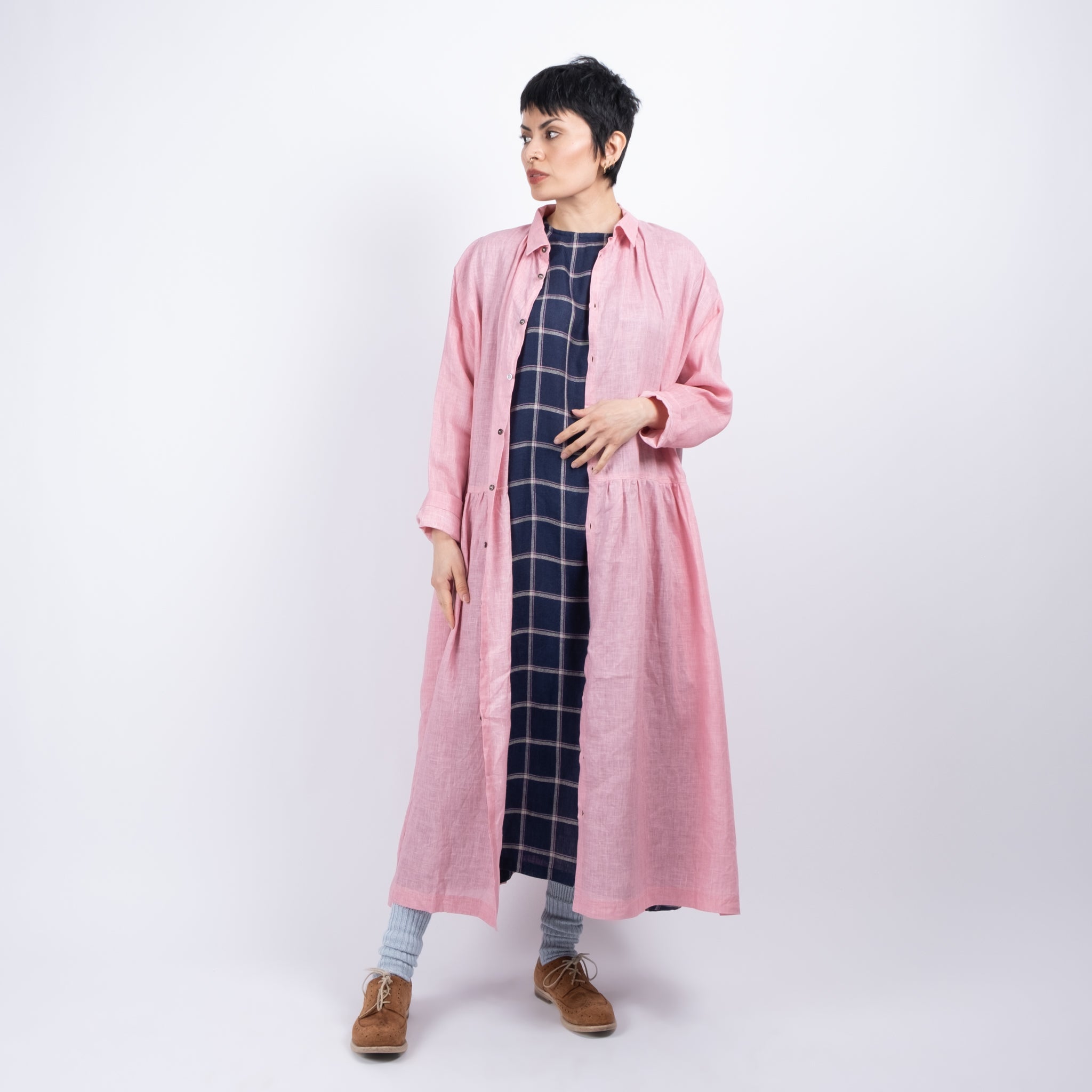 Ichi Antiquités Pink Pigment Dyed Linen Shirt Dress