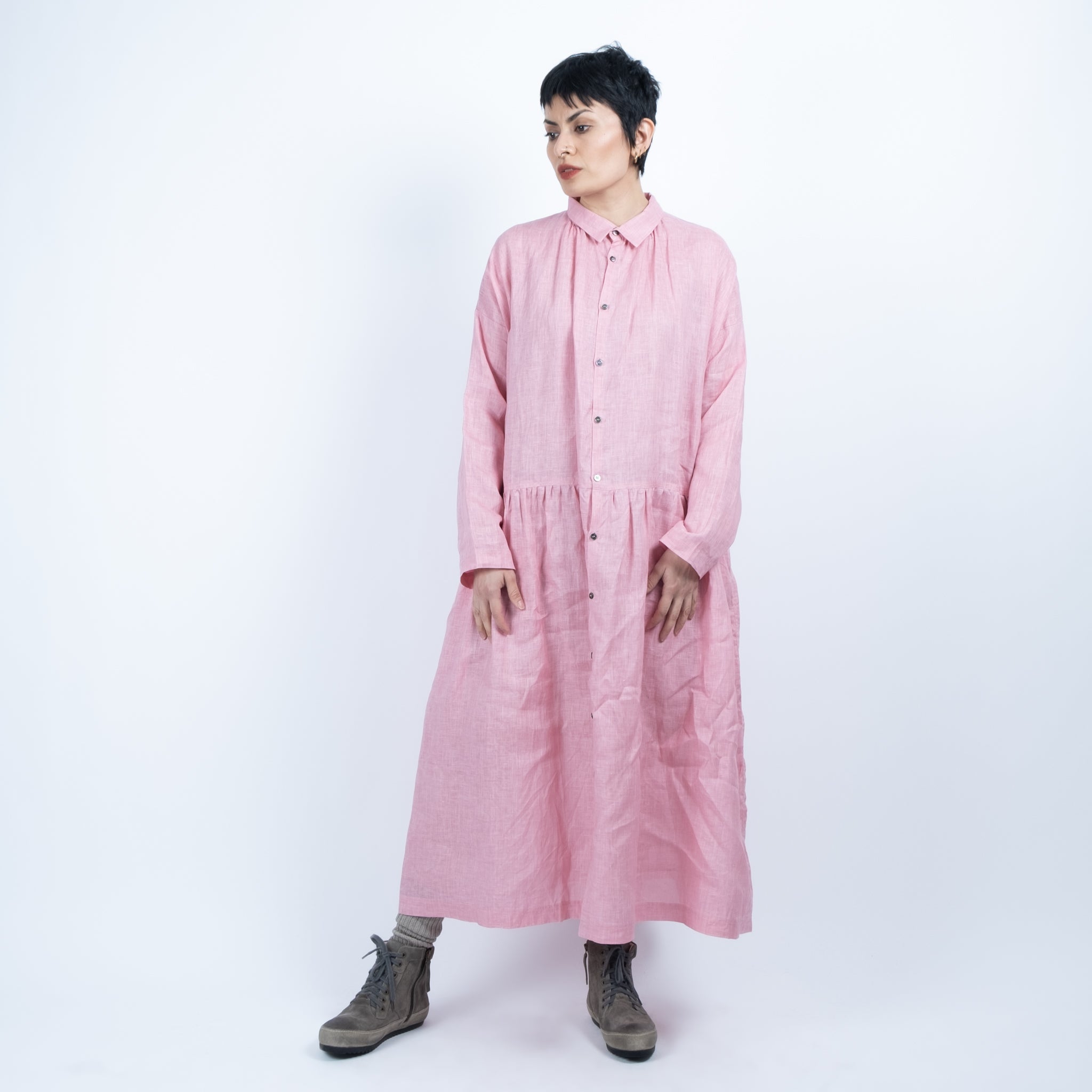 Ichi Antiquités Pink Pigment Dyed Linen Shirt Dress