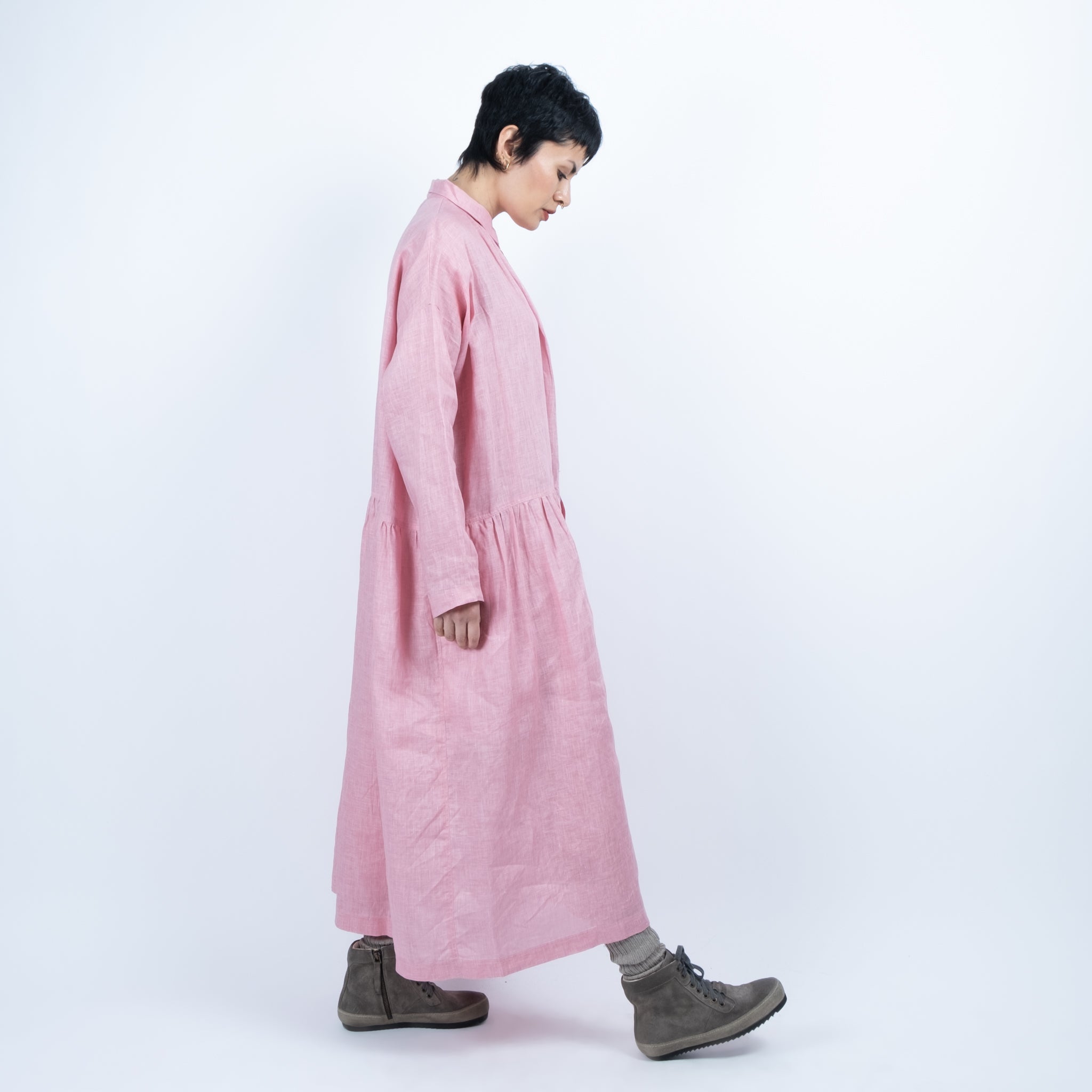 Ichi Antiquités Pink Pigment Dyed Linen Shirt Dress