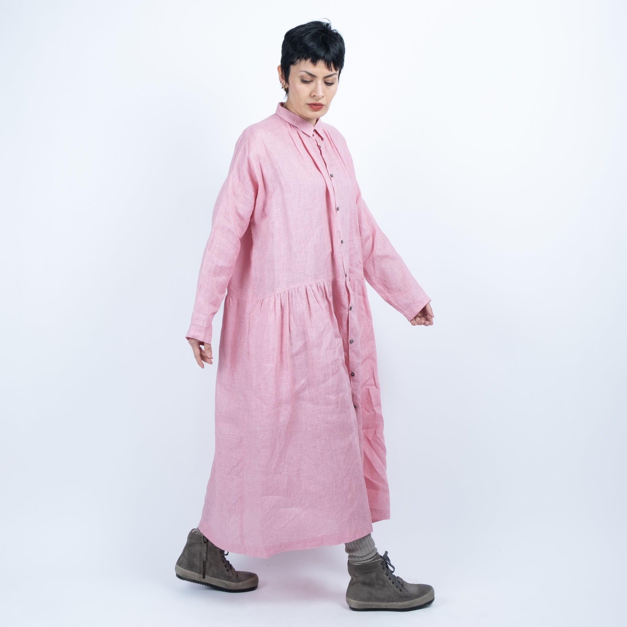 Ichi Antiquités Pink Pigment Dyed Linen Shirt Dress