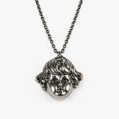 Manteau Noir French Dolls Head Sterling Silver Pendant and Chain