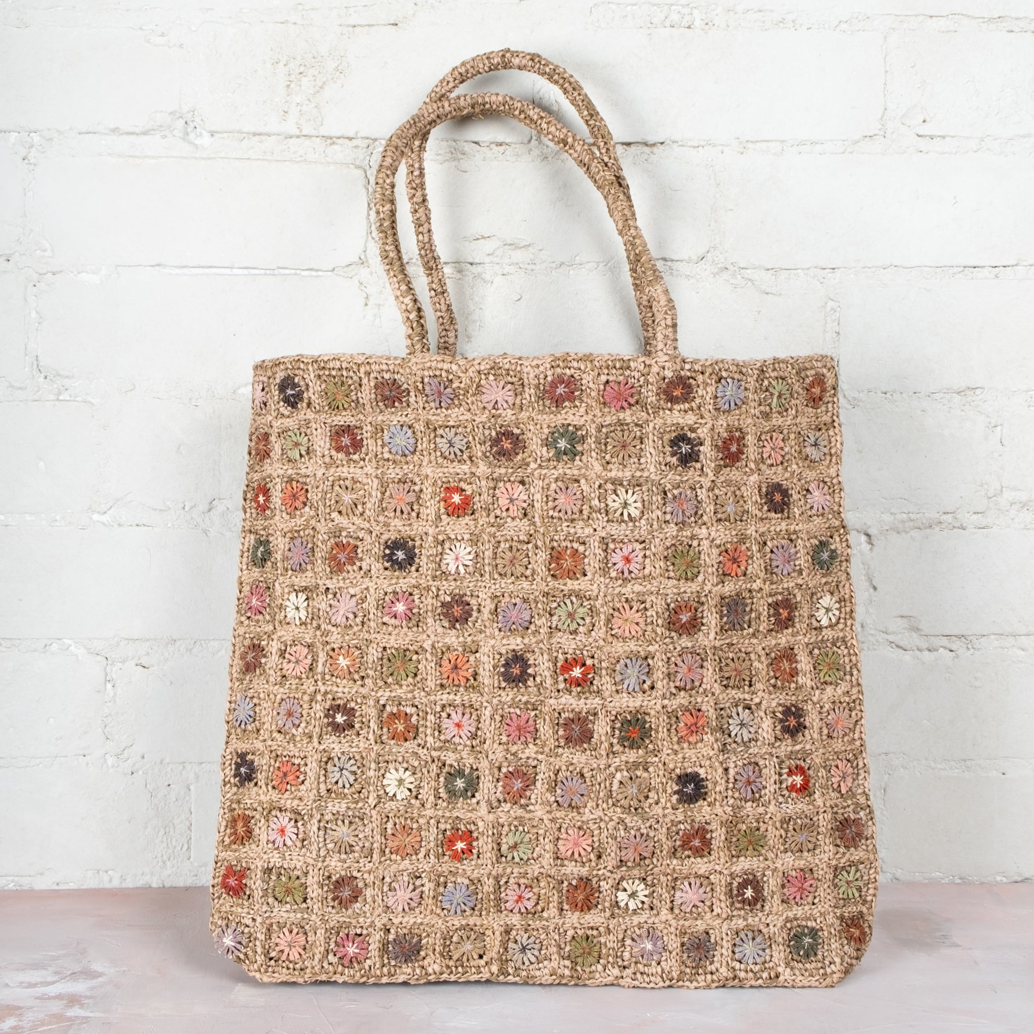 Sophie Digard Large Hand Crochet Raffia Square Floral Bag