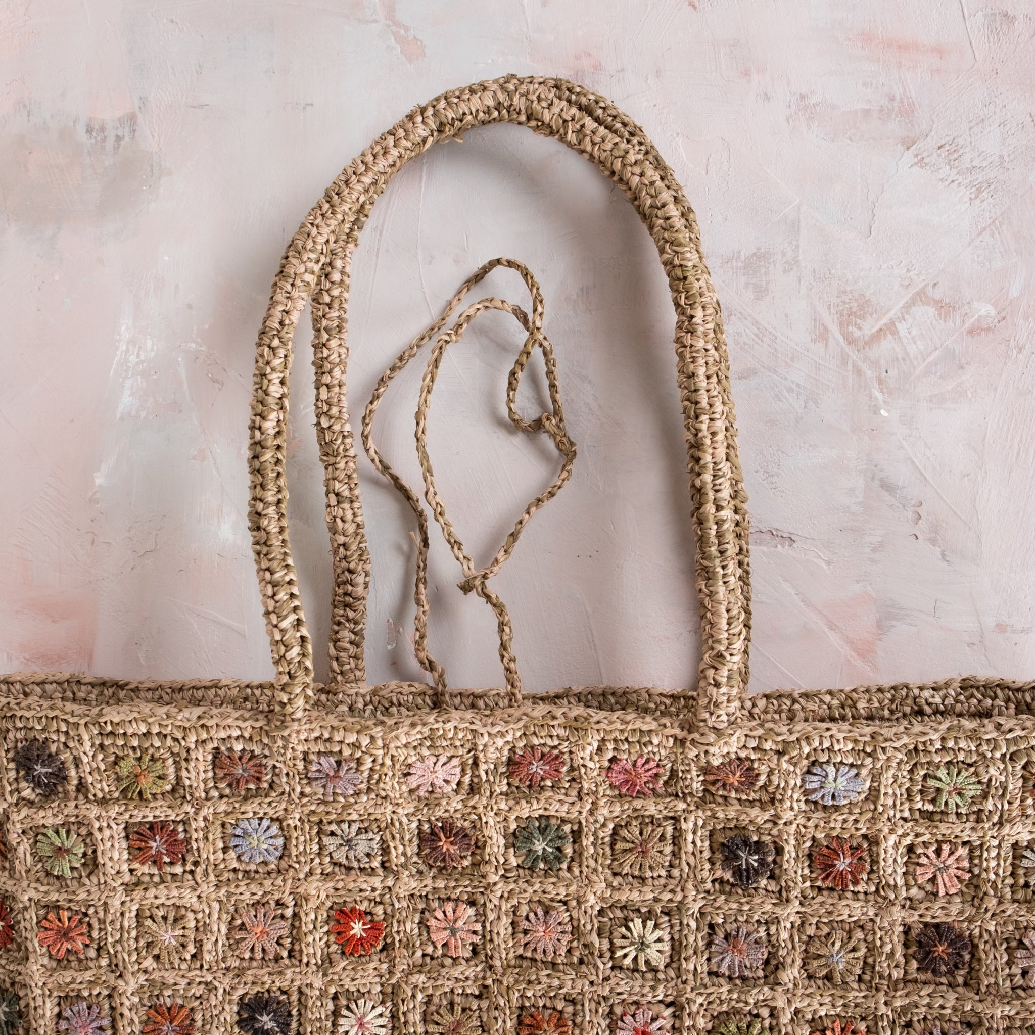 Sophie Digard Large Hand Crochet Raffia Square Floral Bag