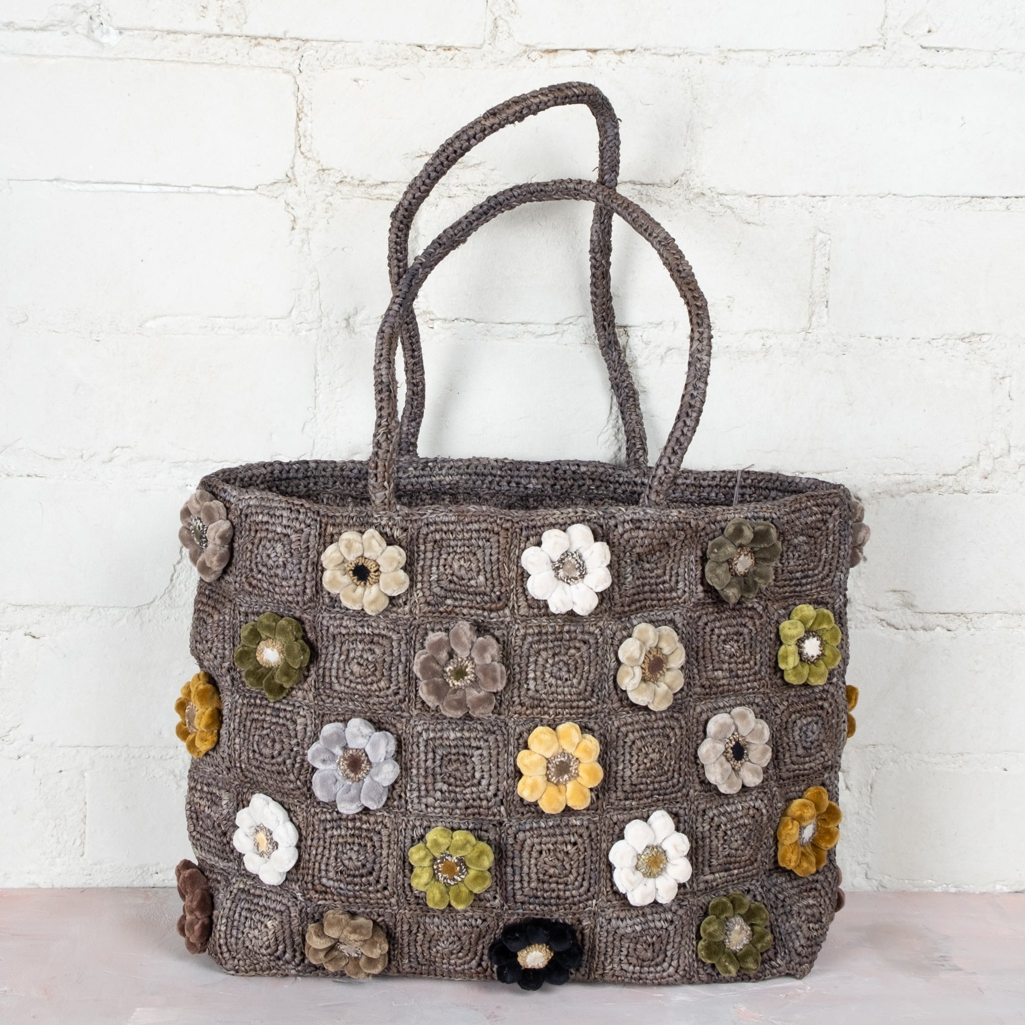 Sophie Digard Large Rectangular Hand Crochet Raffia and Velvet Flower Bag