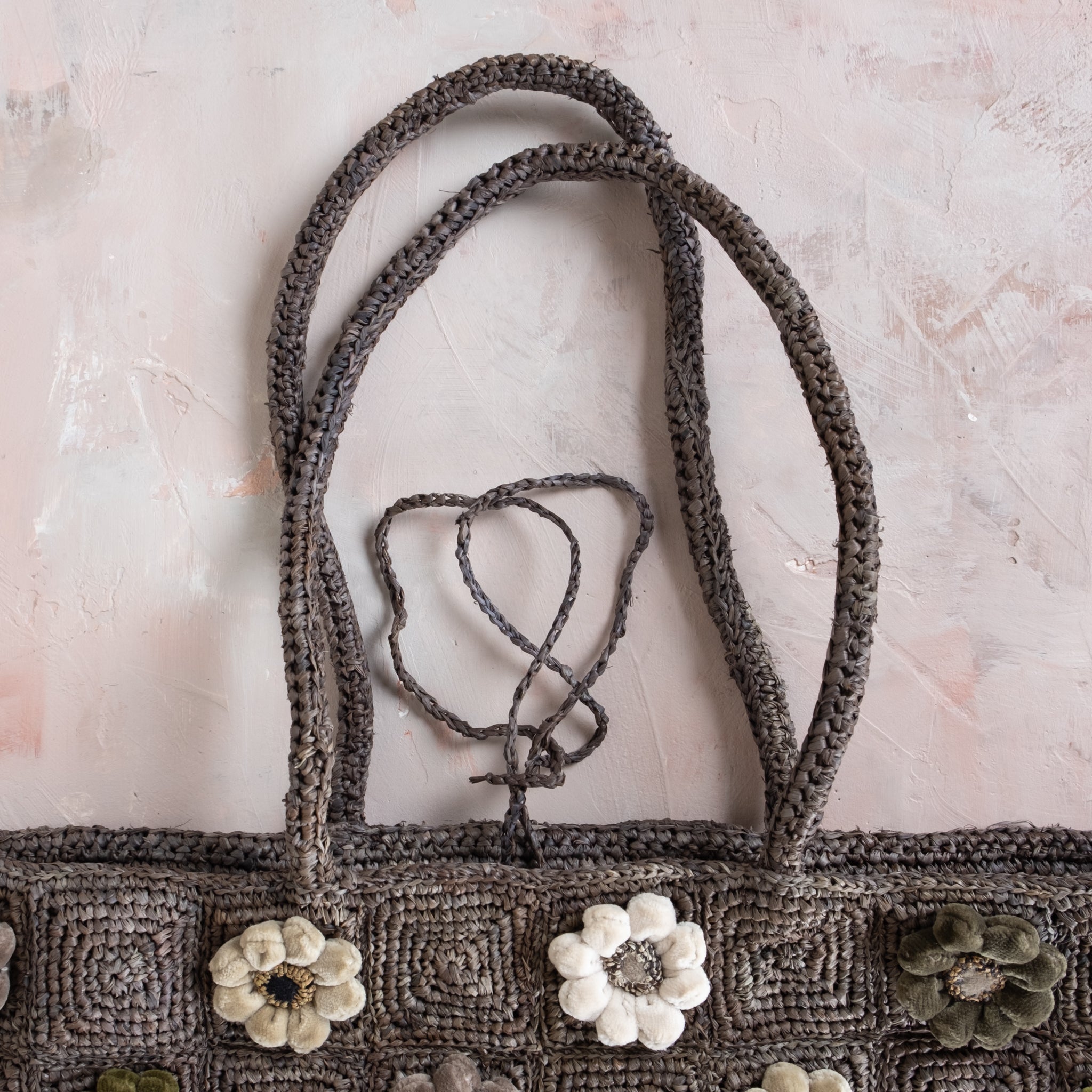 Sophie Digard Large Rectangular Hand Crochet Raffia and Velvet Flower Bag