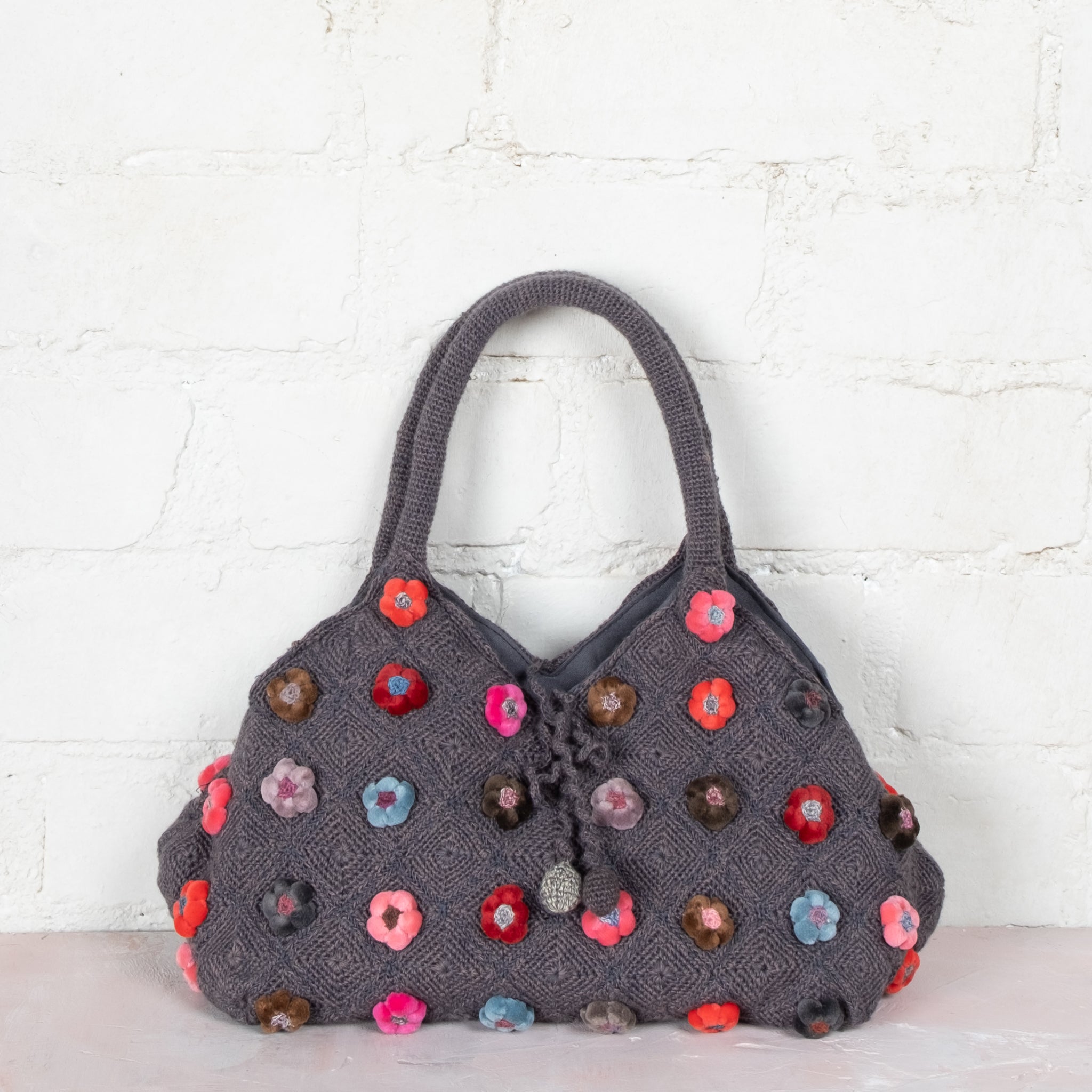 Sophie Digard Medium Hand Crochet Woollen and Velvet Flower Bag