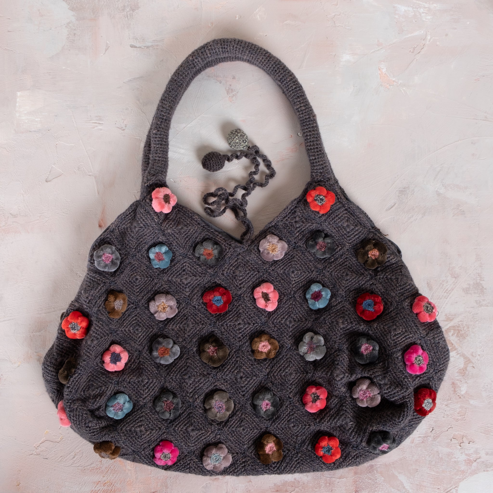 Sophie Digard Medium Hand Crochet Woollen and Velvet Flower Bag