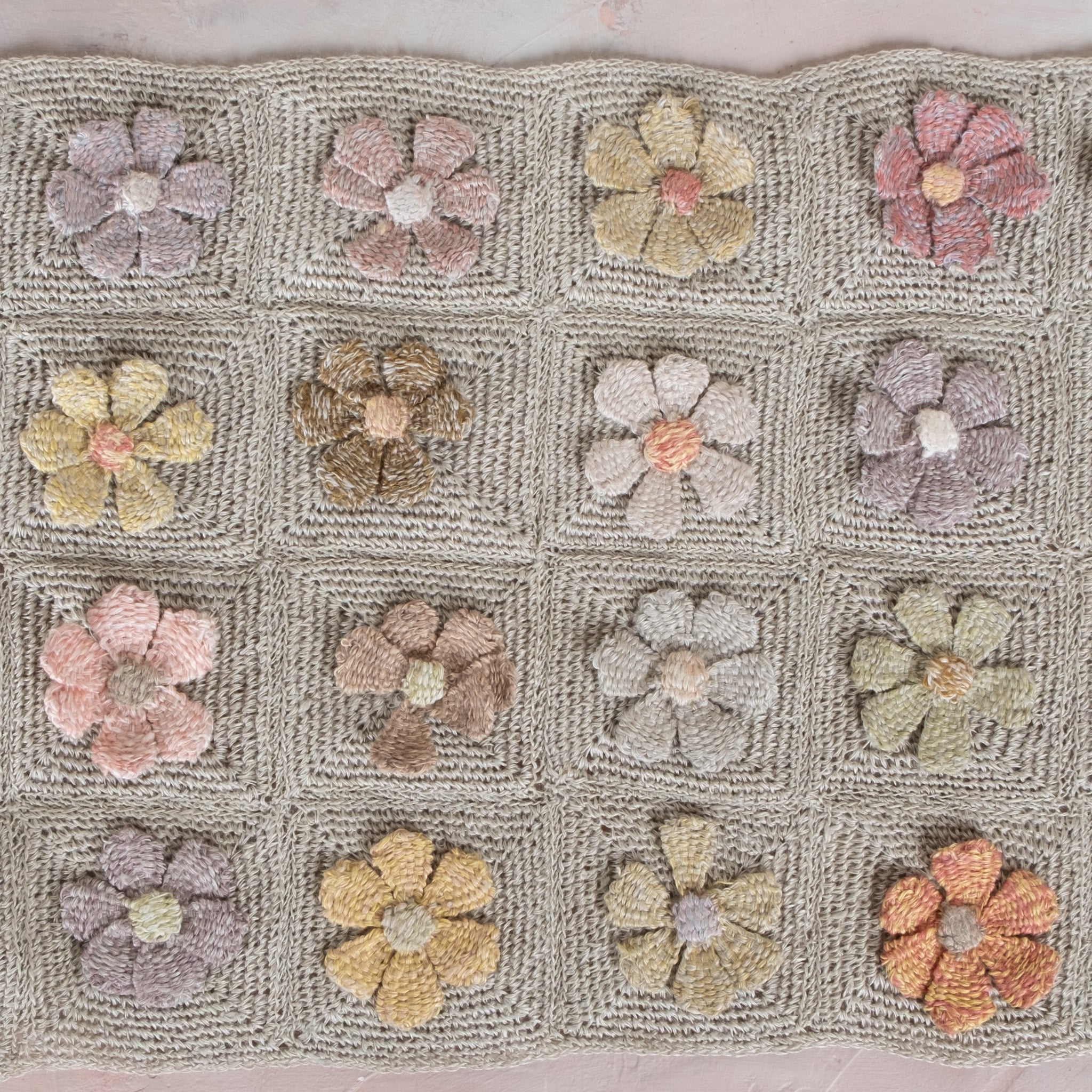 Sophie Digard Hand Crocheted Linen Scarf with Large Raised Flowers