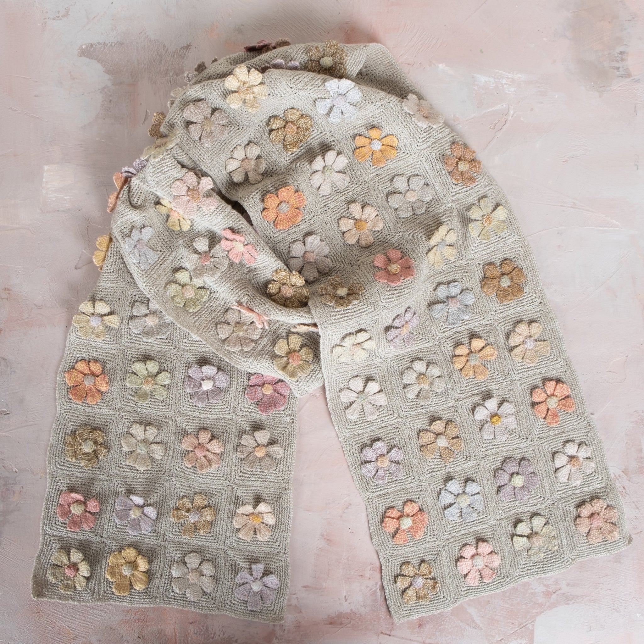 Sophie Digard Hand Crocheted Linen Scarf with Large Raised Flowers