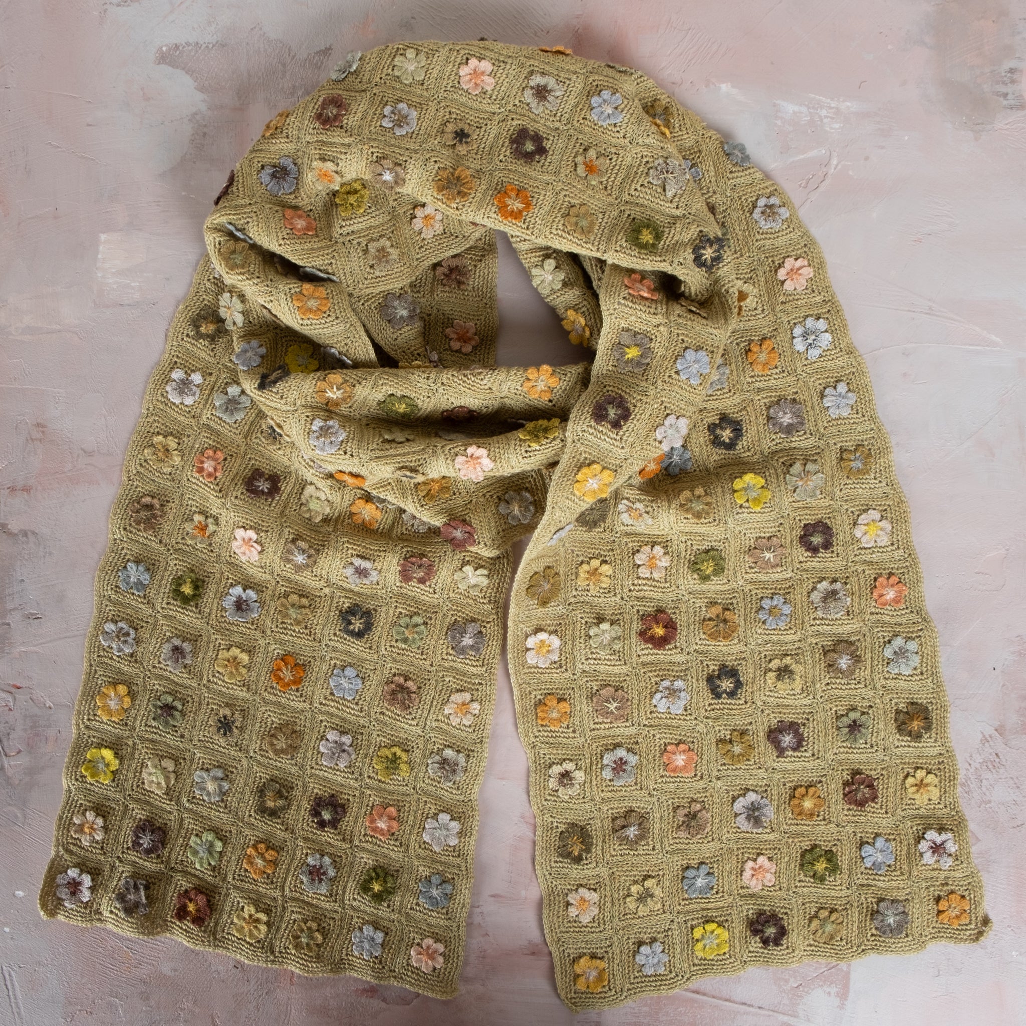 Sophie Digard Hand Crocheted Linen Scarf with Small Raised Woven Flowers