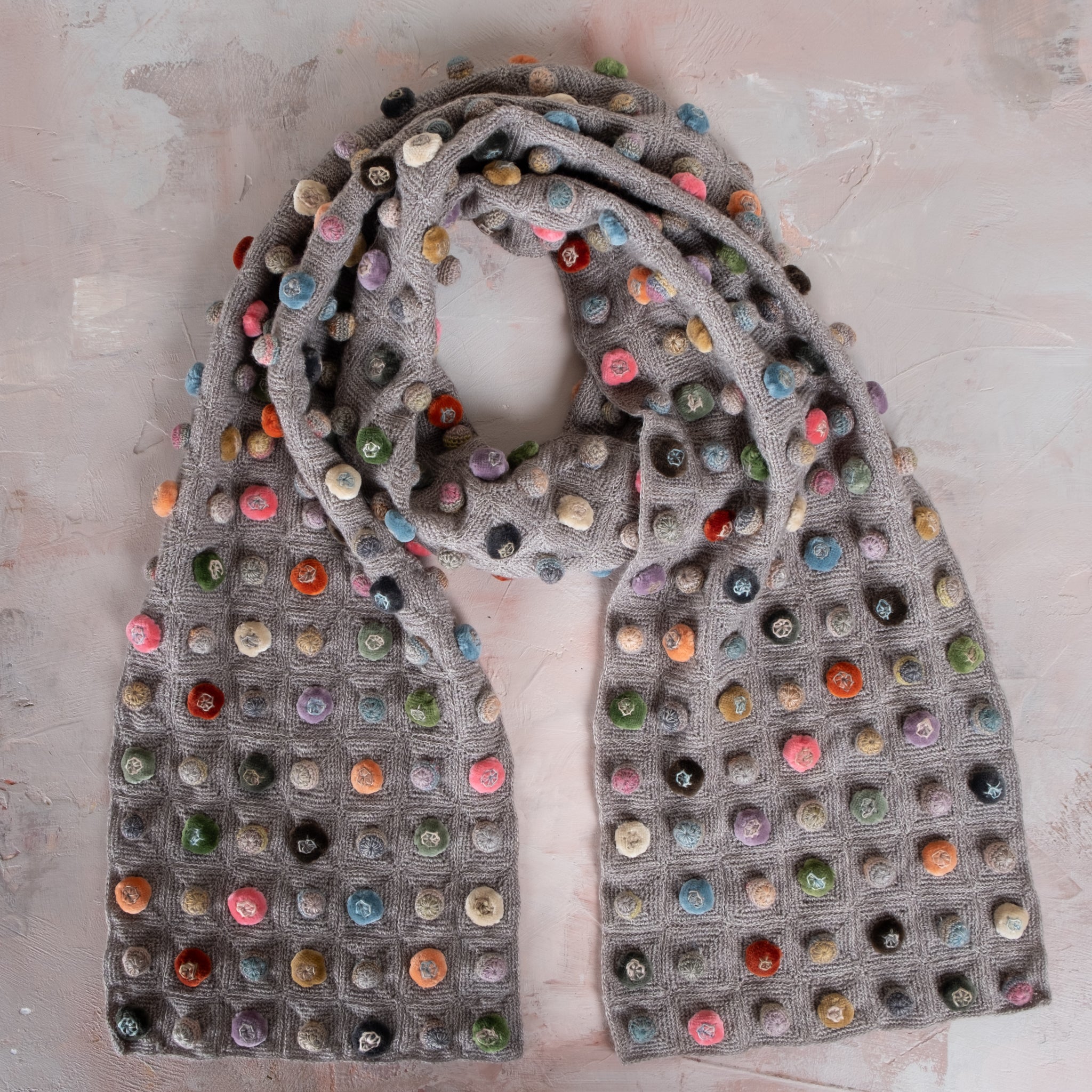 Sophie Digard Hand Crocheted Wool Scarf with Raised Velvet Baubles