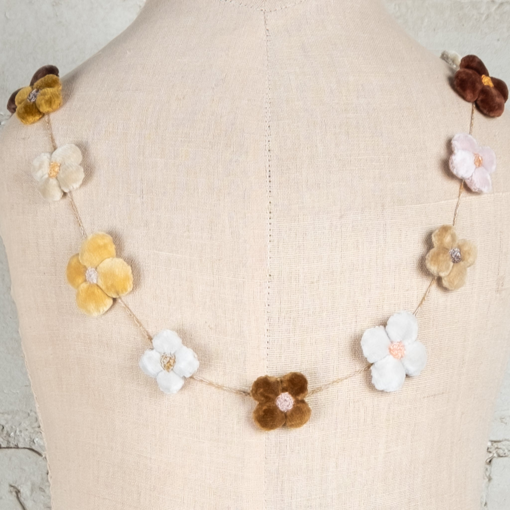 Sophie Digard Hand Crafted Linen and Velvet Fleur 4 Petal Necklace