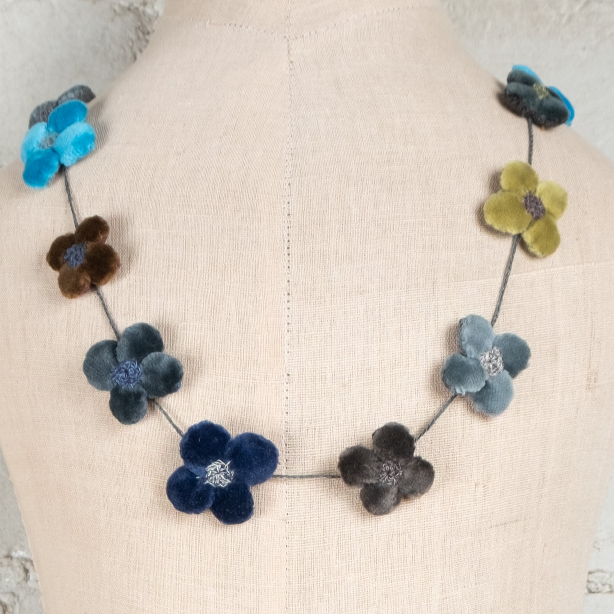 Sophie Digard Hand Crafted Linen and Velvet Fleur 4 Petal Necklace