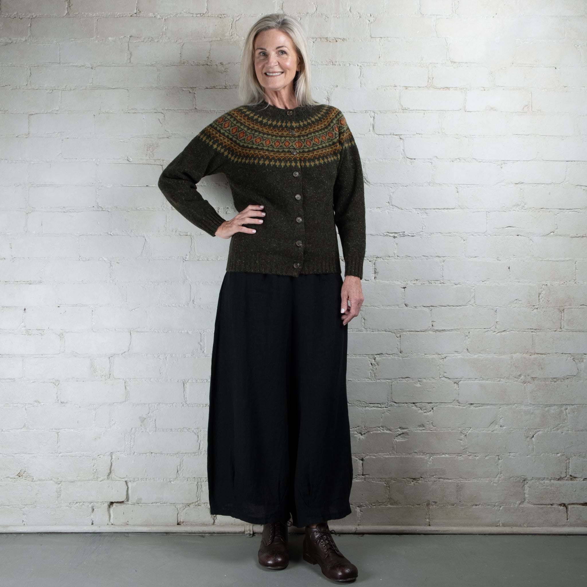 Harley of Scotland Harris Green Fairisle Yoke HB Wool Cardigan